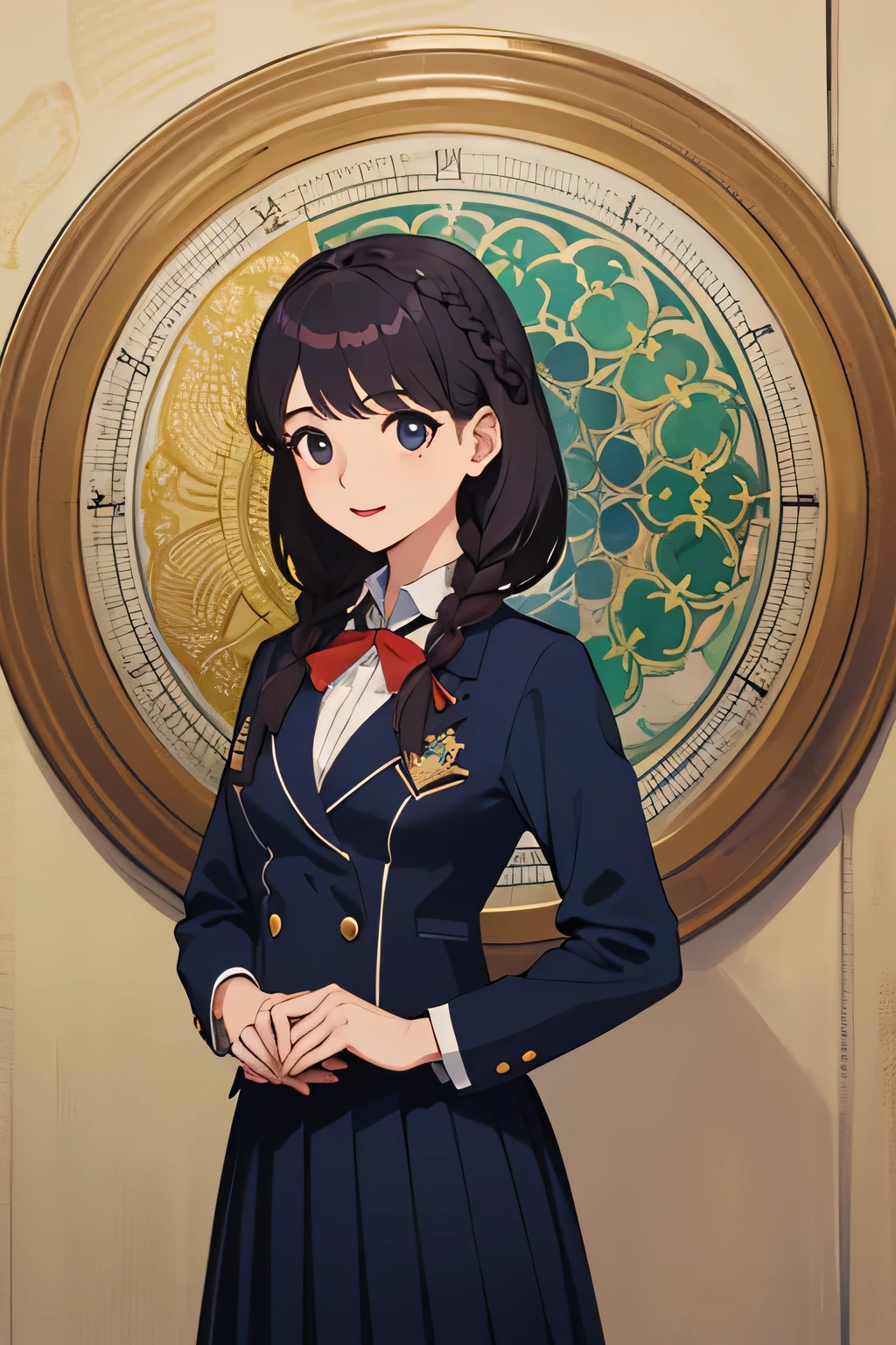 ヨーロッパの女性のfaceの肖像画、flower frame、decorative panel、abstract art、By Alphonse Mucha (masterpiece、highest quality、High resolution: 1.4)、be familiar with、((school uniform)), intricate details、4k、splash of color、line drawing、fibonacci、high school student、face, A ribbon shining on the chest、とても長いBraid, 笑face, blazer,affectionate, cute, , golden hair ornament, long skirt, There are many plaid skirts scattered on the bed..、Braid、Braidが可愛い, I want to hug you, Invite you, lipstick、shiny hair、laughter、bright look