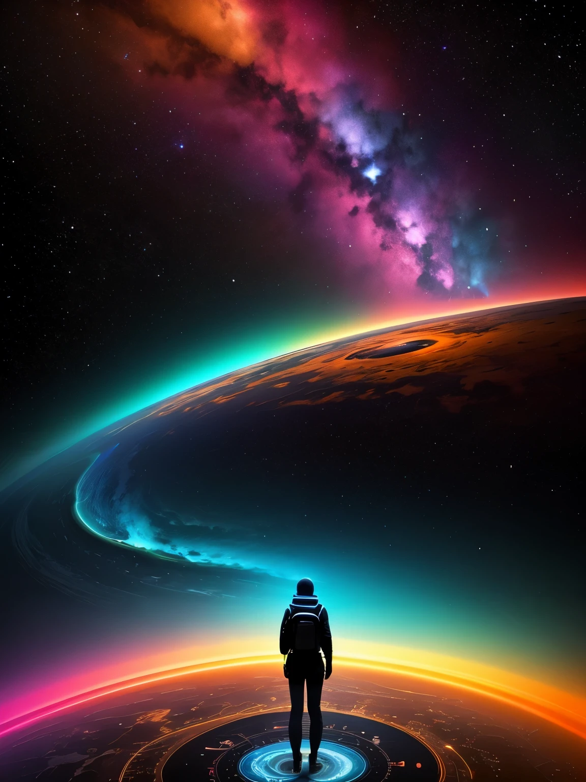 Picture an image featuring a person immersed in a vibrant and dynamic environment that encapsulates the essence of various scientific fields. The person, portrayed as an avid explorer, stands at the center, symbolizing the curiosity and passion for knowledge. dark sky. eye catching. high quality.