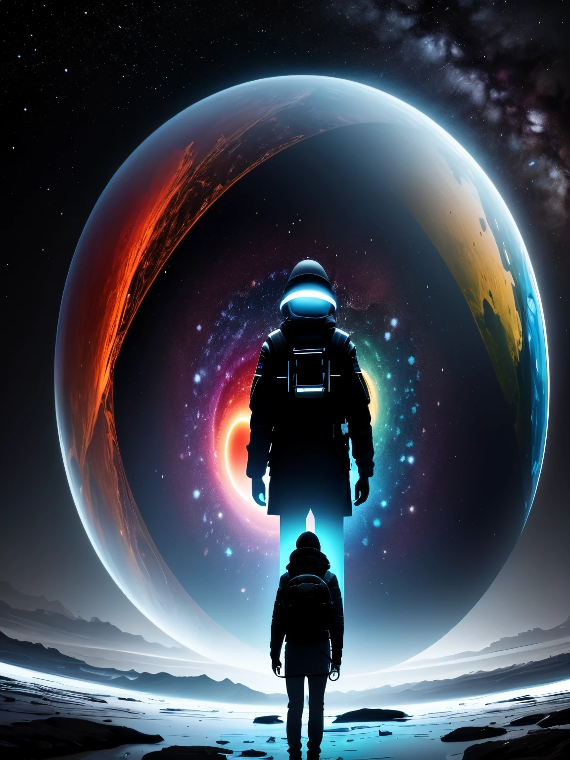 Picture an image featuring a person immersed in a vibrant and dynamic environment that encapsulates the essence of various scientific fields. The person, portrayed as an avid explorer, stands at the center, symbolizing the curiosity and passion for knowledge. dark sky. eye catching. high quality. 