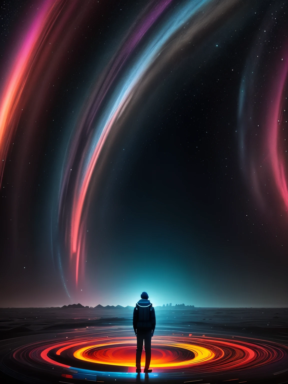 Picture an image featuring a person immersed in a vibrant and dynamic environment that encapsulates the essence of various scientific fields. The person, portrayed as an avid explorer, stands at the center, symbolizing the curiosity and passion for knowledge. dark sky. eye catching. high quality. 