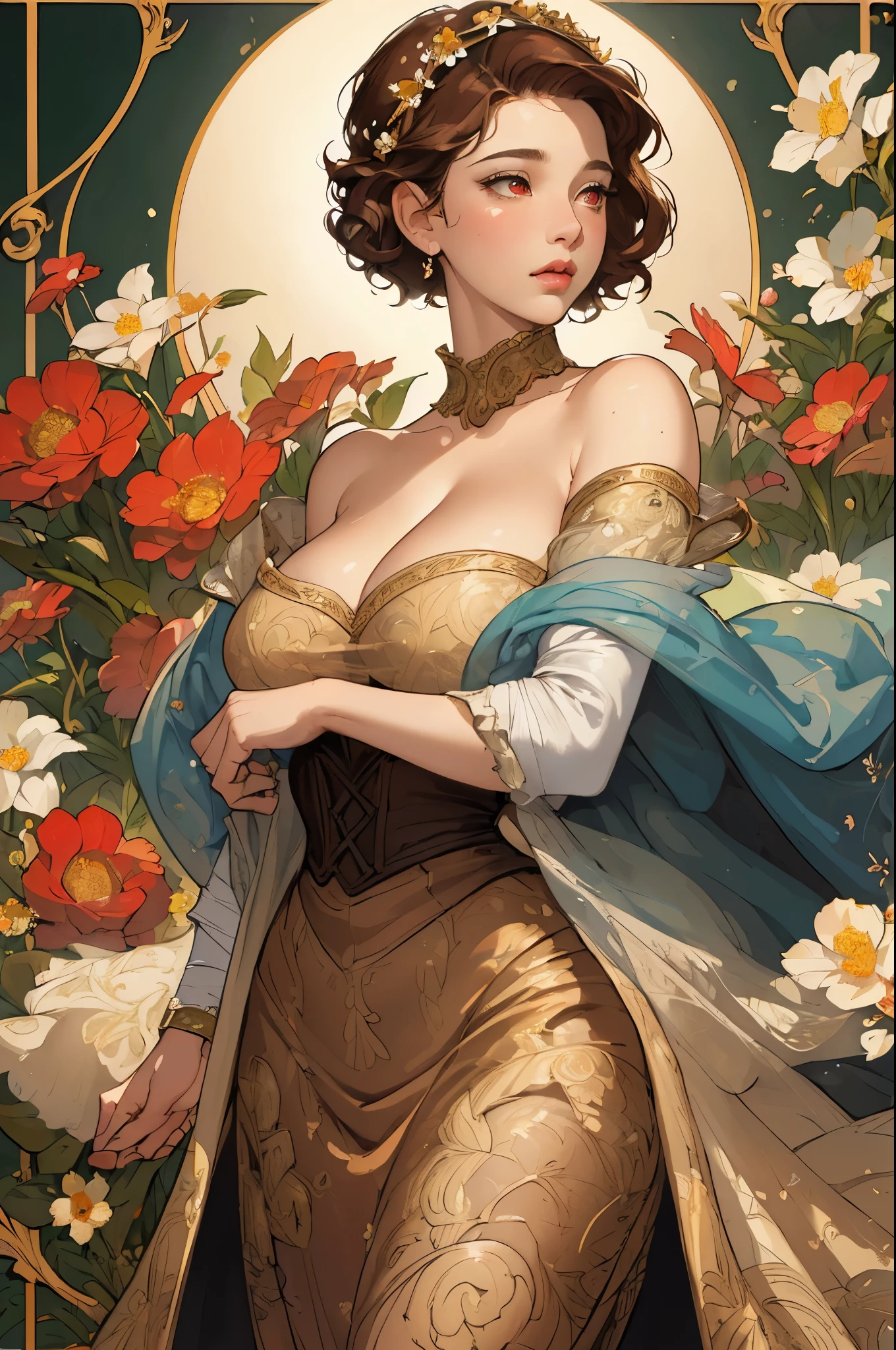 ((masterpiece)), (highest quality), (cinematic), Watercolor painting in the style of Joseph Christian Leyendecker, poster, Goddess of Dance , big breasts, Big eyes, long and thick eyelashes, cleavage, lip whole, chubby cheeks, dark red eyes, short hair, accessories, flower_background, Features intricate designs and patterns in the style of Joseph Christian Leyendecker。