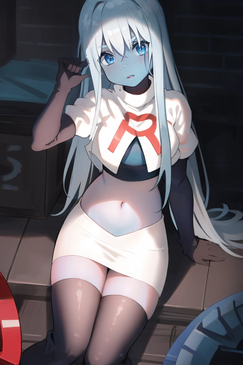 001,masterpiece,((blue skin)), team rocket,team rocket uniform,white skirt,red letter R,crop top,black thigh-highs,black elbow gloves