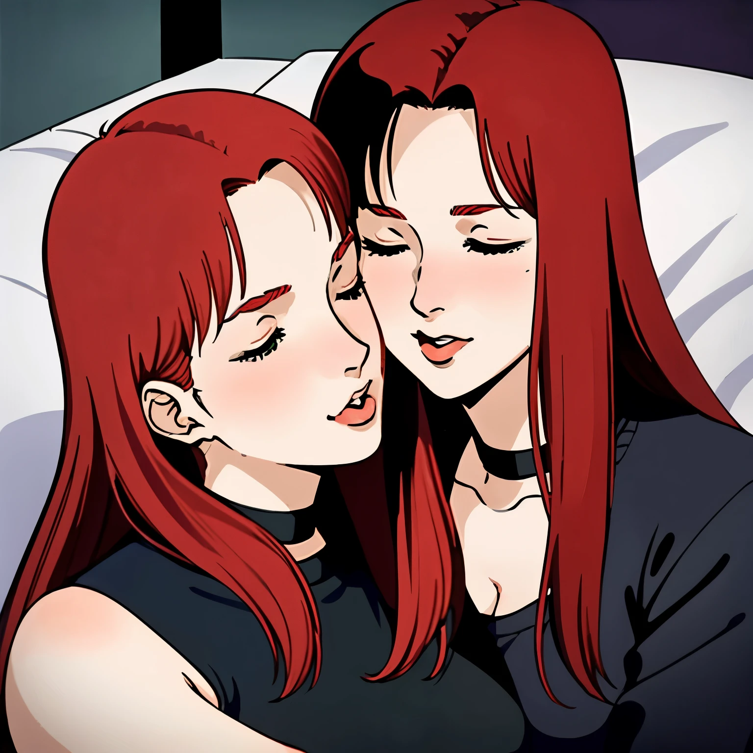 masterpiece,high quality,highres,nsfw, christinamackenzie,2girls, bedroom, facing camera, thin body, arched back, curved butt, belly, red corset, kiss mouth, pucker kiss,smooch kiss, horny, closed eyes, (red lips:1.0), choker, face blush, (pale skin:1.2), long hair,parted bangs,red hair,green eyes, 