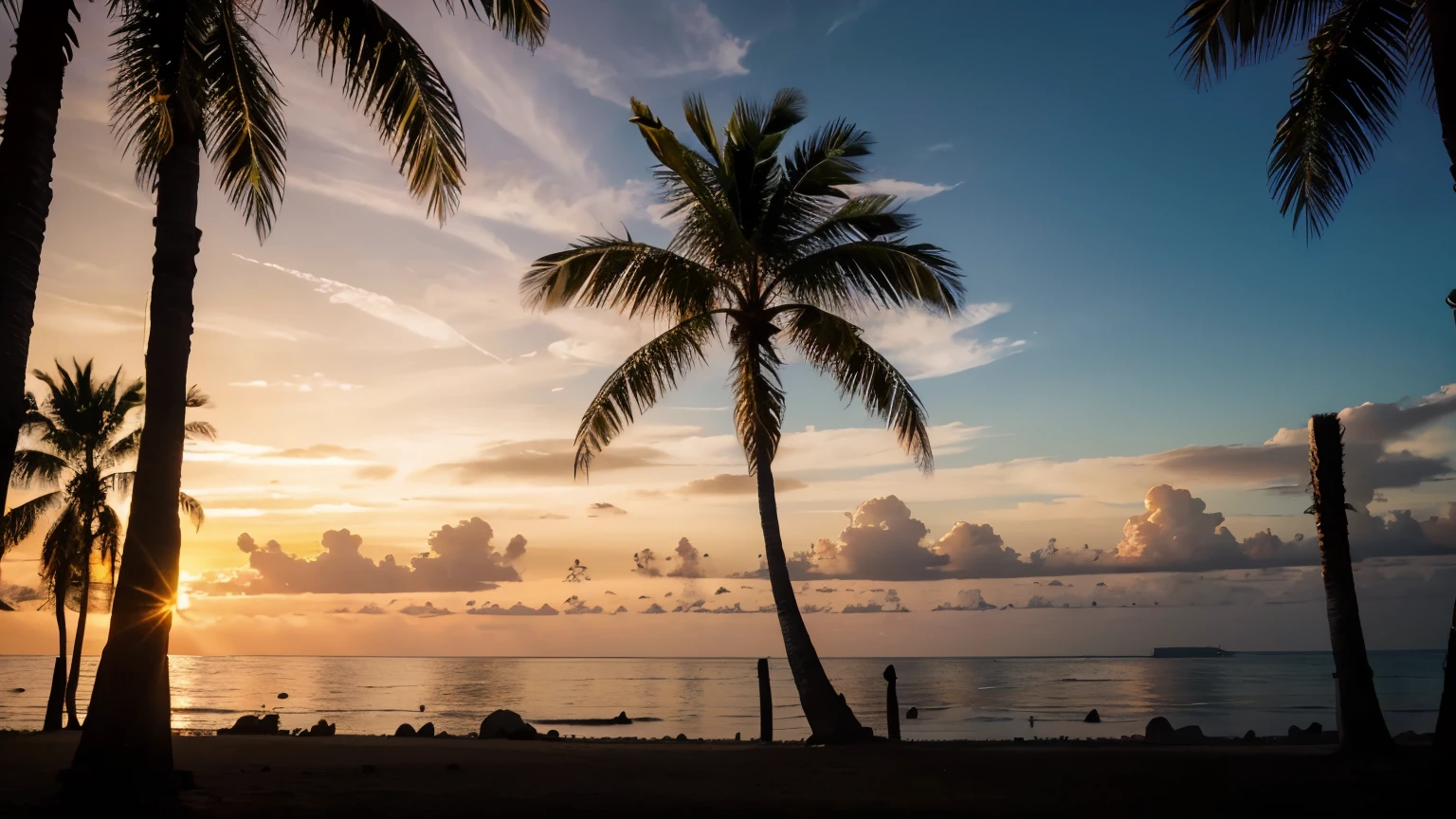 Silhouetted palm trees against a vivid sunset backdrop; each tree stands tall and graceful, their fronds swaying gently in the warm breeze. This striking image is captured in a stunning photograph, highlighting the contrast between the deep orange hues of the sky and the dark outlines of the trees. The composition is beautifully balanced, creating a sense of tranquility and natural beauty. The sharpness of the details and the richness of colors make this image a true masterpiece, showcasing the beauty of nature in all its splendor.