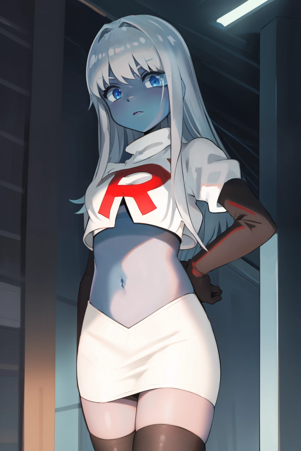 001,masterpiece,((blue skin)), team rocket,team rocket uniform,white skirt,red letter R,crop top,black thigh-highs,black elbow gloves
