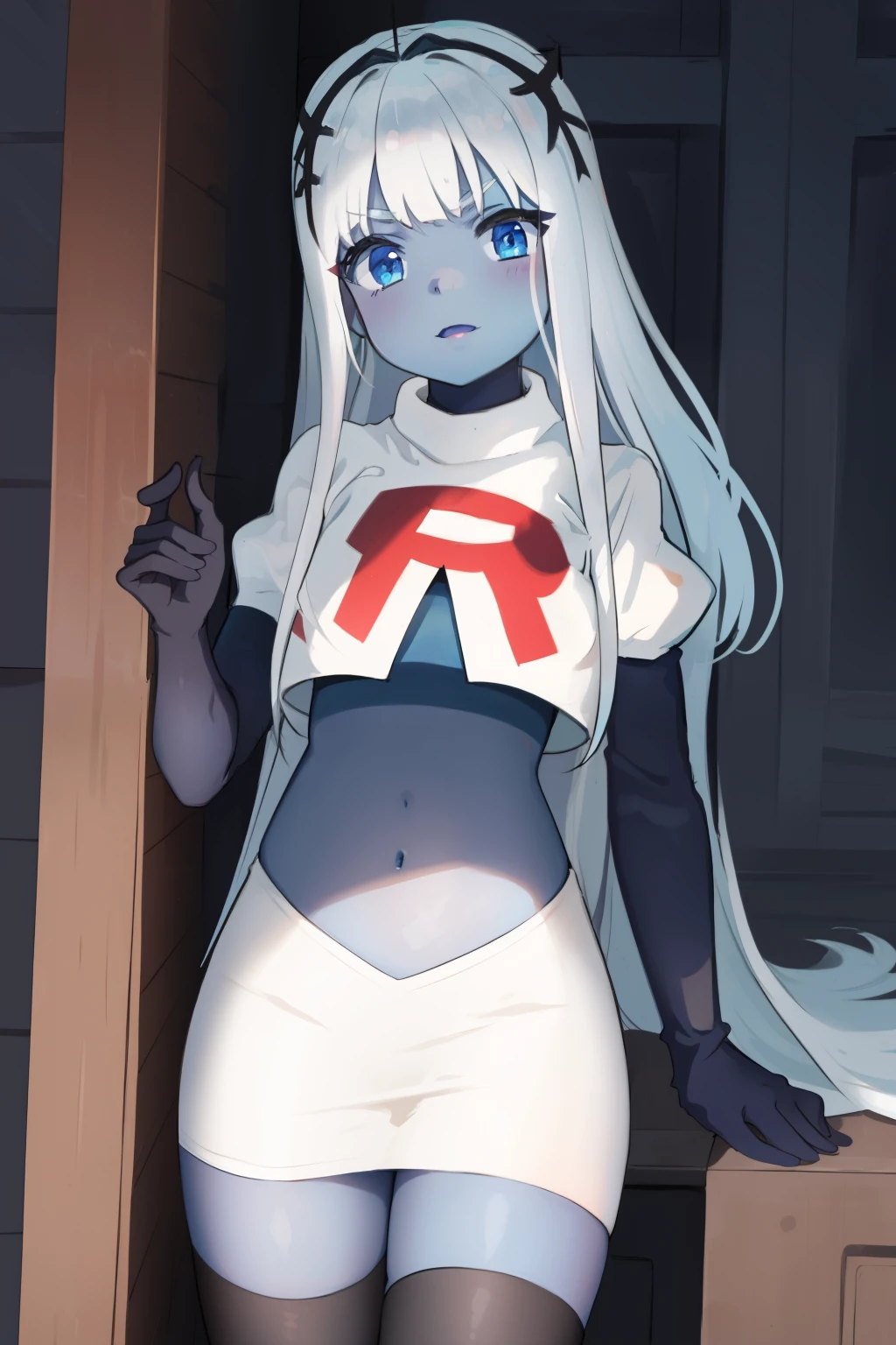 001,masterpiece,((blue skin)), team rocket,team rocket uniform,white skirt,red letter R,crop top,black thigh-highs,black elbow gloves