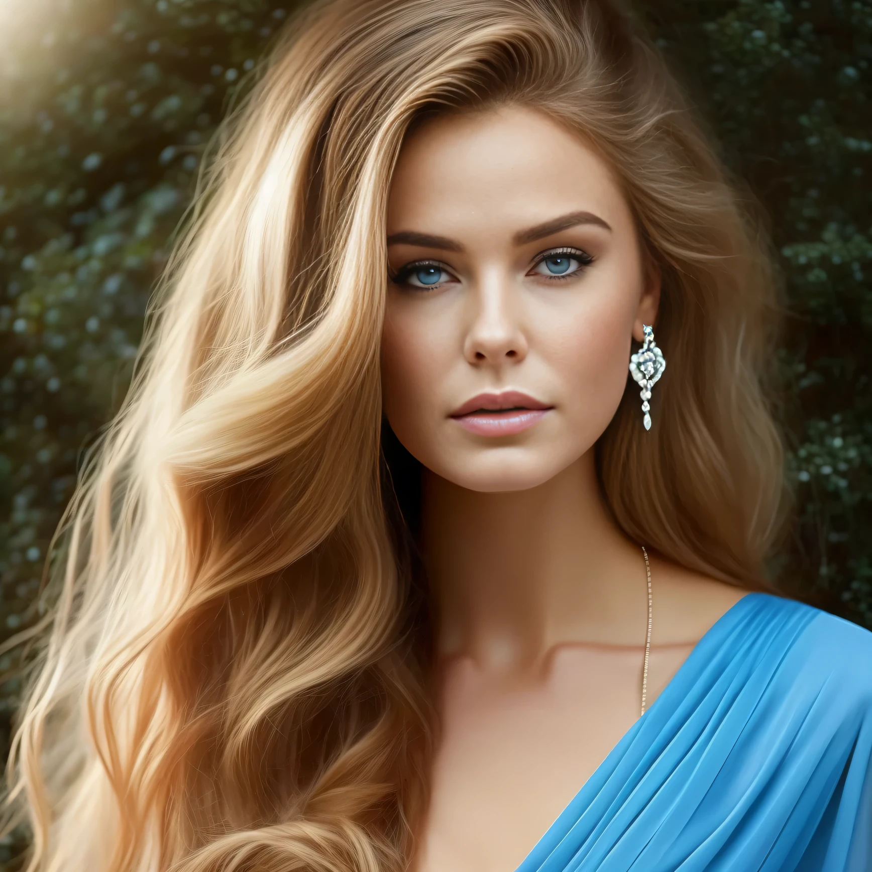 high weist image of young blonde beautiful girl portrait that resilience, and beauty. Feyre's portrait should frame her face, allowing her captivating features to take center stage. Start with her blue eyes, the windows to her soul. They are vibrant and expressive, reflecting a depth of emotions accumulated through her journey. Her strong jawline and high cheekbones reveal her determination and resilience, while her soft, full lips convey her capacity for love and compassion. Her long blonde, flowing hair should cascade around her shoulders, in light blue shimmery (fantasy dress)(star in background in night) standing on mountain