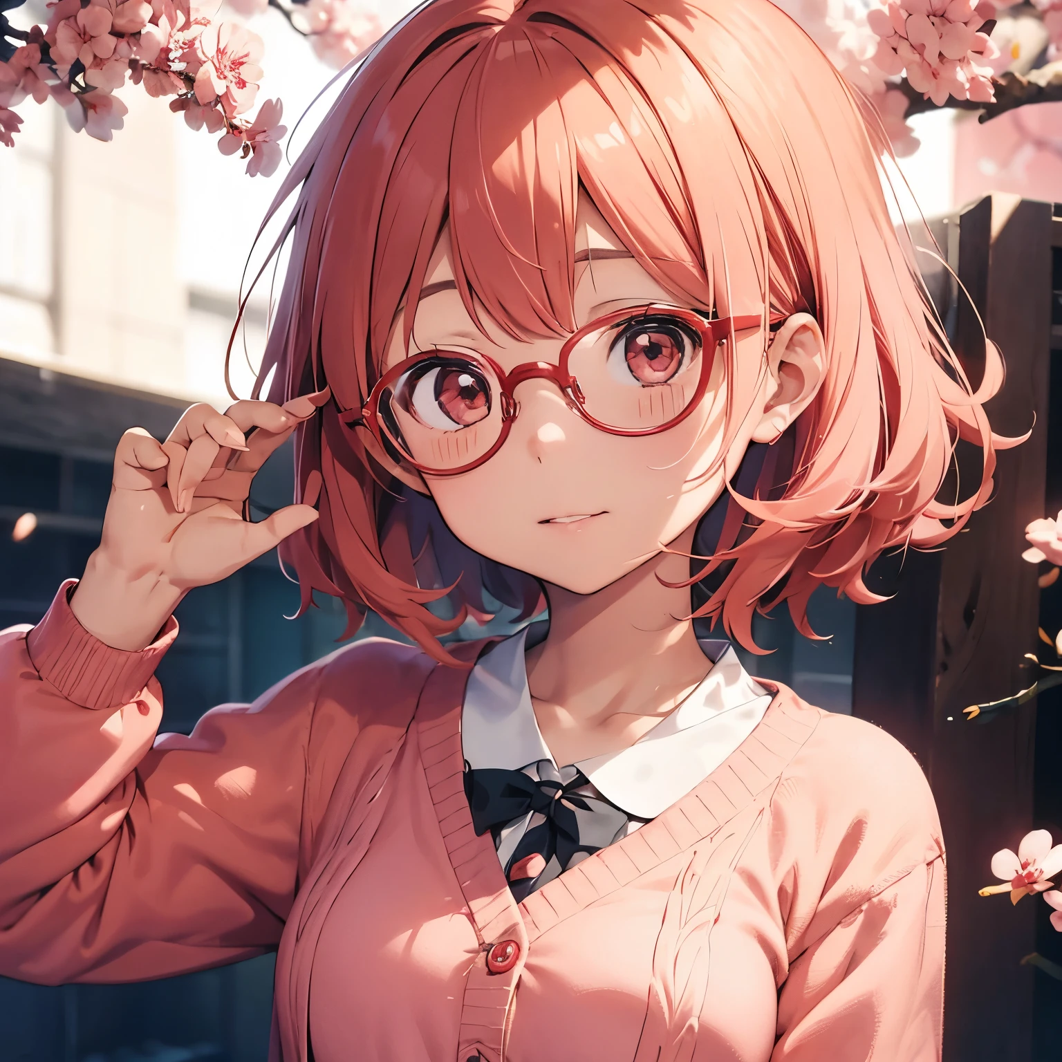 Mirai Kuriyama、red glasses、no background、light pink hair、red glassesを両手で支える、Small animal type natural glasses for women、light pink cardigan、MALON is displayed on the cheek