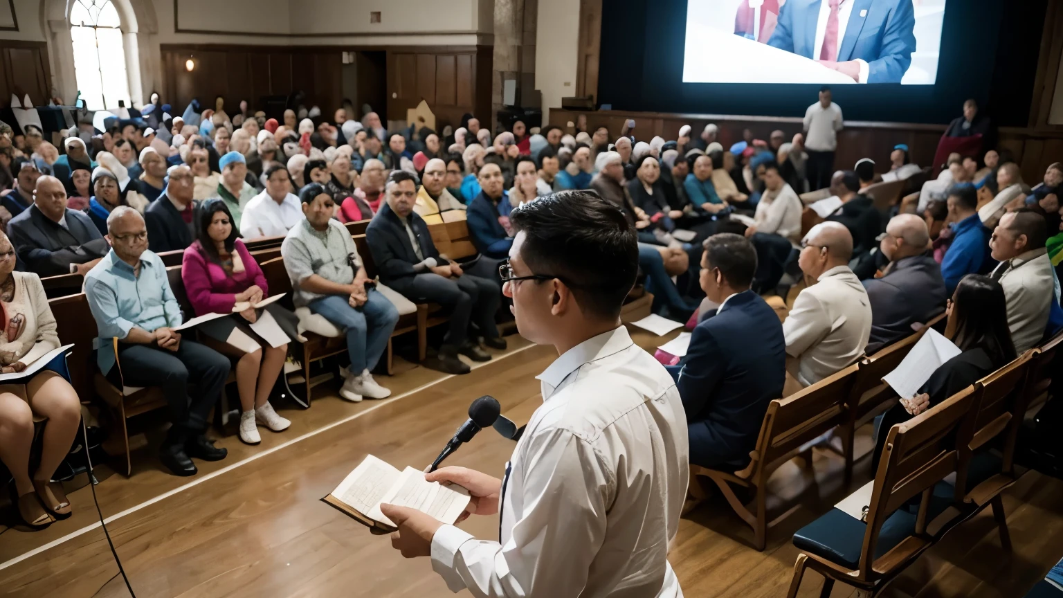 8k, RAW, high quality, high details, high fidelity, well-defined graphics, well-detailed image, excellent image quality, a preacher and a member teaching the word of God in front of a congregation of people in Latin America,