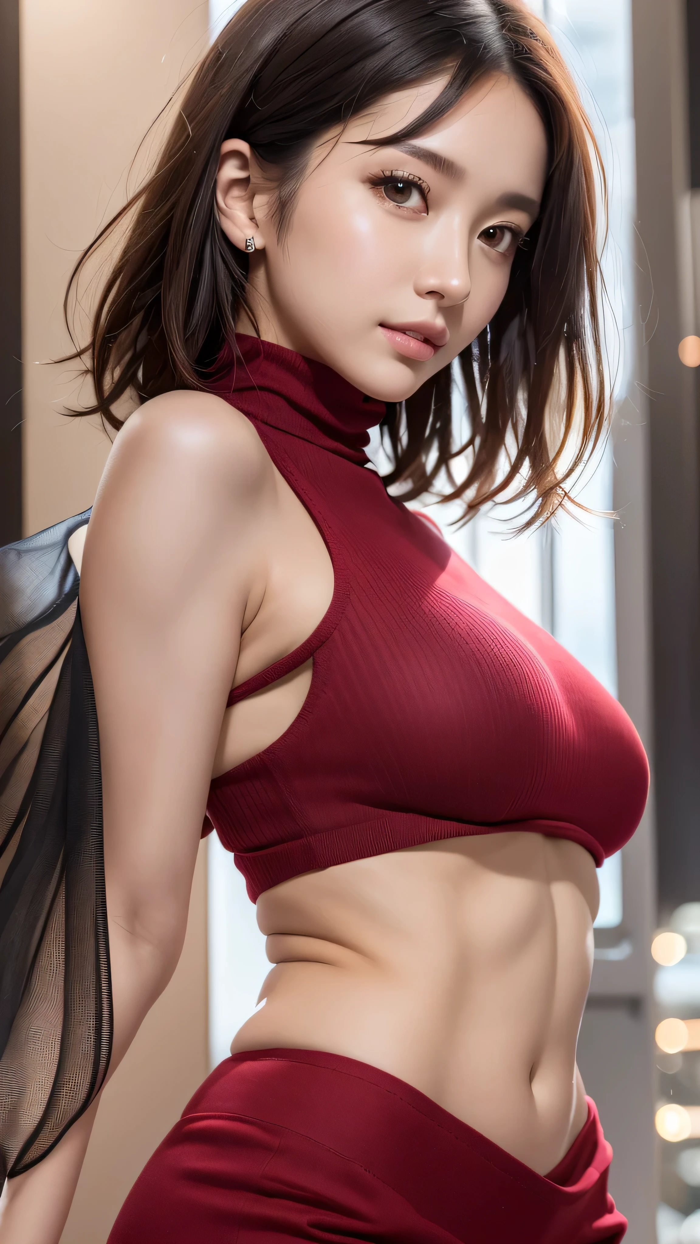 (8K, 超A high resolution,The ultra -The high-definition、Raw photo、 Best Quality, masutepiece:1.5)、RAW portrait of japanese girl、超A high resolution、top-quality、 (huge-breasted、stick out chest:1.3)、{Hide all breasts}{Pleated skirt in off-white:1.6}、(Wearing a red sleeveless turtleneck:1.6))、((Open the inseam:1.7)、(fitting room:1.2) BREAK (Natural Skin Texture、Detailed skin、Hyper-Realism、ultra sharpness)、intricate detailes、depth of fields、Sexy adult woman、Black hair shortcuts、Toned buttocks、((masterpiece、top-quality、high-detail))、(Photorealsitic:1.4)、solo、closes mouth、Smile happily、big eye、Distinct double eyelids、Lashes、long neck、Absolute area、Clean collarbone、face perfect、thin lips、a small face、(gazing at viewer、Highlights in the eyes、Light brown eyes、lipgloss)、(From the side:1.2)