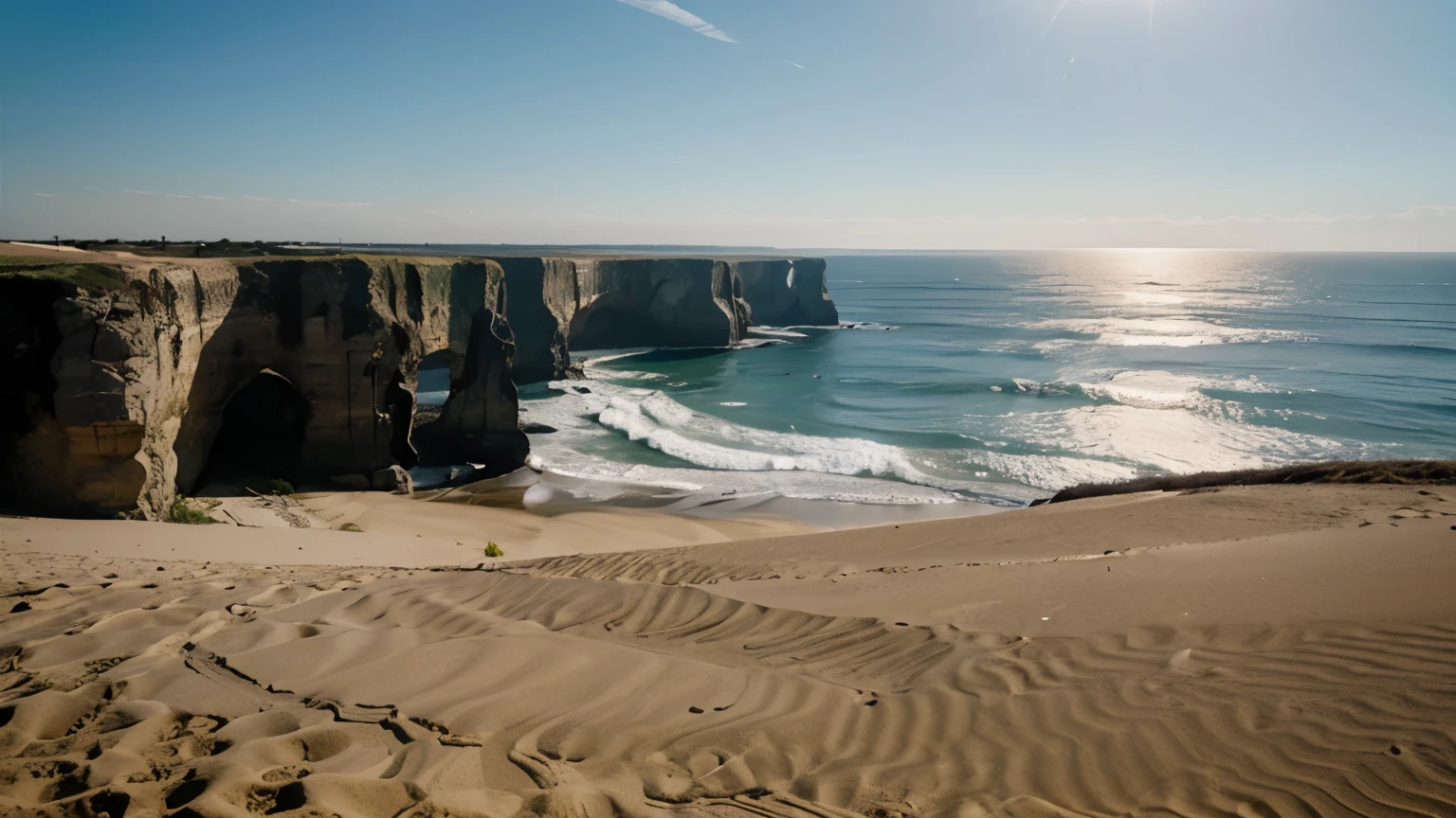 Cliffs casting shadows over the sand