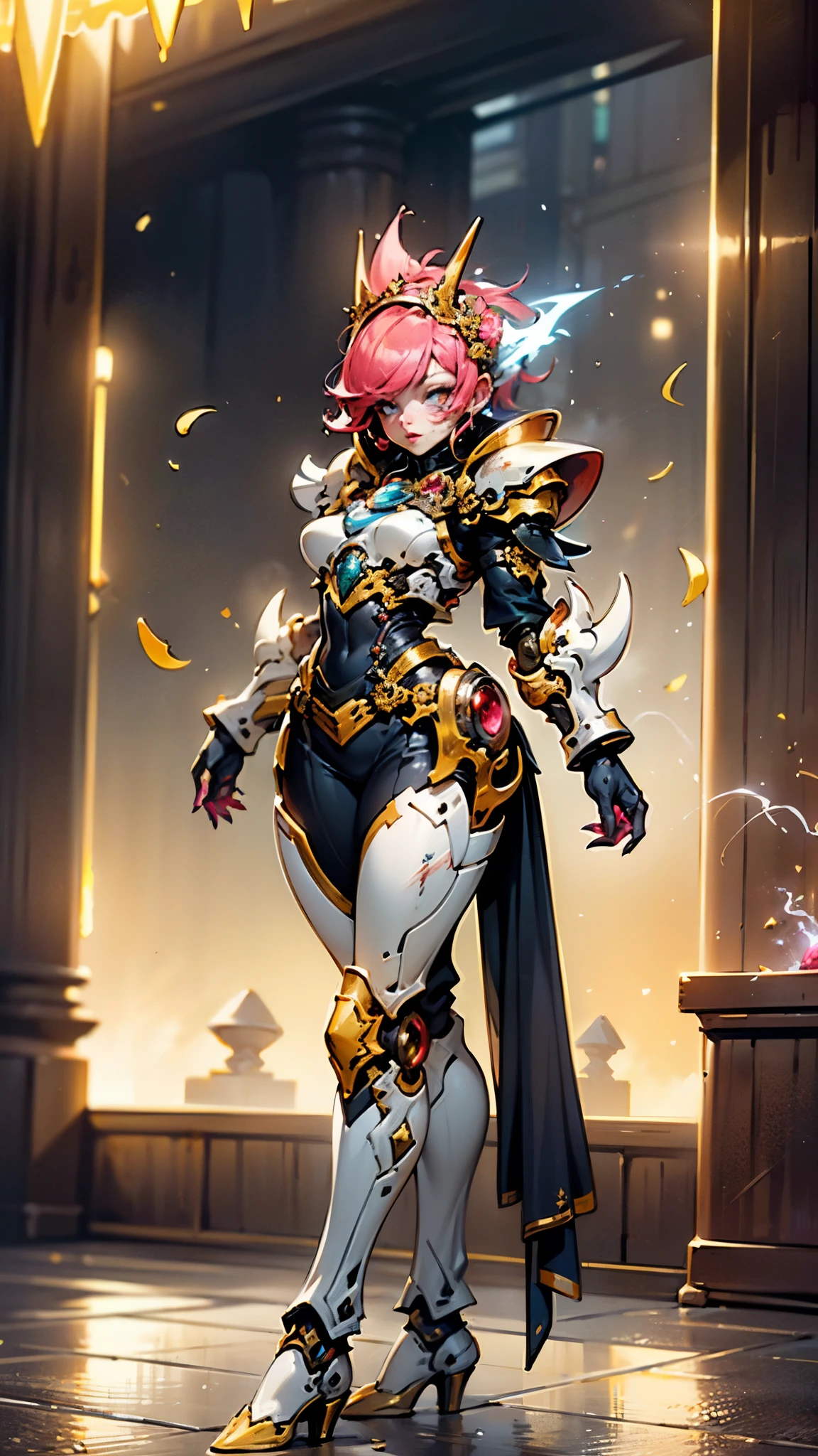 A woman adorned in fantasy-style full-body armor, a crown-concept fully enclosed helmet that unveils only her eyes, a composite layered chest plate, fully encompassing shoulder and hand guards, a lightweight waist armor, form-fitting shin guards, the overall design is heavy-duty yet flexible, ((the armor gleams with a golden glow, complemented by red and blue accents)), exhibiting a noble aura, she floats above a fantasy-surreal high-tech city, this character embodies a finely crafted fantasy-surreal style armored hero in anime style, exquisite and mature manga art style, (Queen bee mixed with Spider concept Armor, plasma, blood), ((Element, energy, elegant, goddess, femminine:1.5)), metallic, high definition, best quality, highres, ultra-detailed, ultra-fine painting, extremely delicate, professional, anatomically correct, symmetrical face, extremely detailed eyes and face, high quality eyes, creativity, RAW photo, UHD, 32k, Natural light, cinematic lighting, masterpiece-anatomy-perfect, masterpiece:1.5