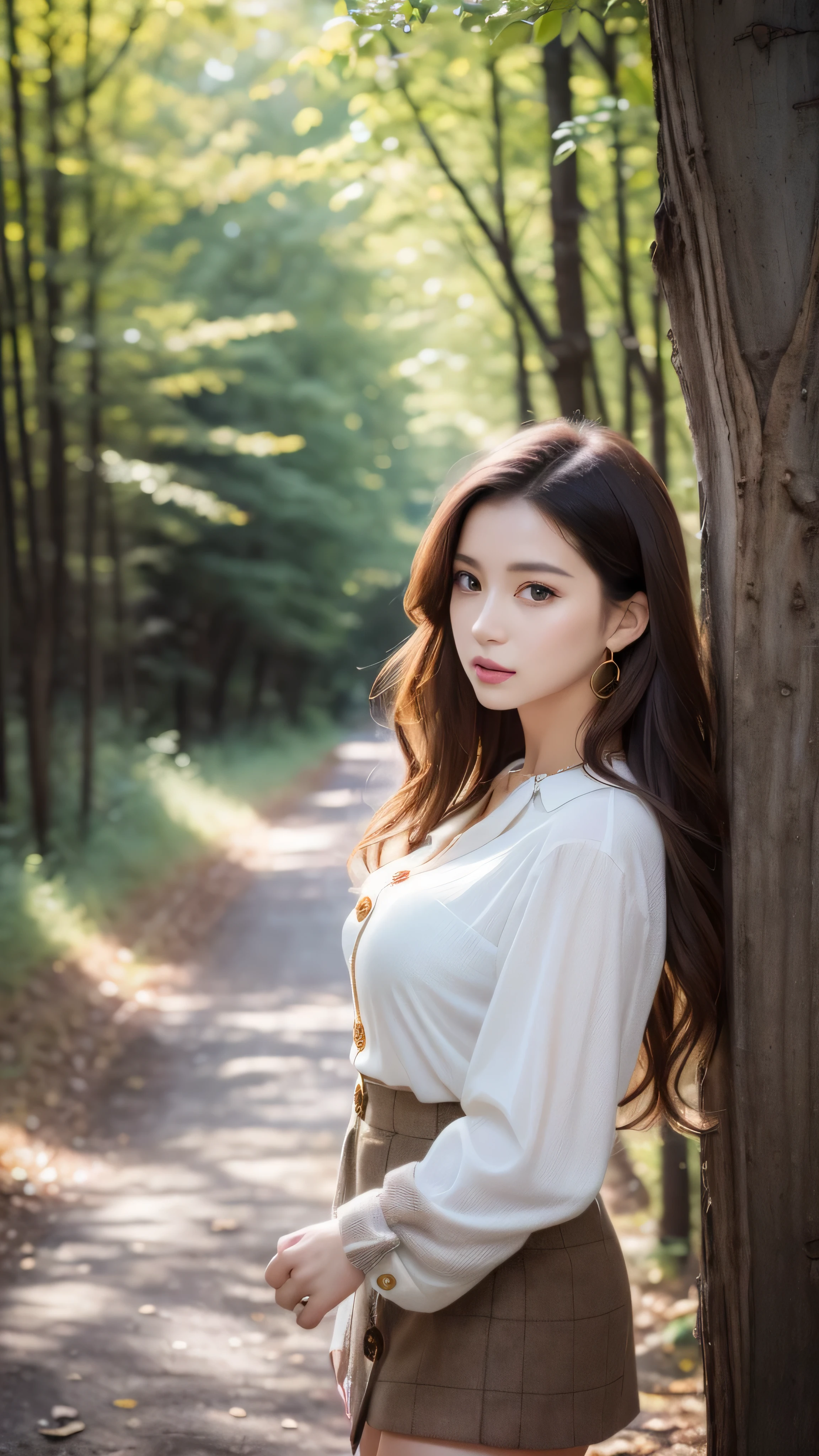 (8K, 超A high resolution,The ultra -The high-definition、Raw photo、 Best Quality, masutepiece:1.5)、RAW portrait of japanese girl、超A high resolution、top-quality、 (huge-breasted、stick out chest:1.3)、{Hide all breasts}(fitting room:1.2) BREAK (Natural Skin Texture、Detailed skin、Hyper-Realism、ultra sharpness)、intricate detailes、depth of fields、Sexy adult woman、((masterpiece、top-quality、high-detail))、(Photorealsitic:1.4)、solo、big eye、Distinct double eyelids、Absolute area、Clean collarbone、face perfect、thin lips、a small face、(gazing at viewer、Highlights in the eyes、Light brown eyes、lipgloss)、(From the side:1.2),((Super long brown hair:1.2))、((Hair with loose waves inside:1.2)),((gold necklace_Large earrings:1.2)),((No expression_melancholy:1.3))、((in woods:1.4))((full figure supermodel standing, entire body in frame))、fullbody shot、((((white long sleeve button blouse_brown tweed miniskirt:1.3)),