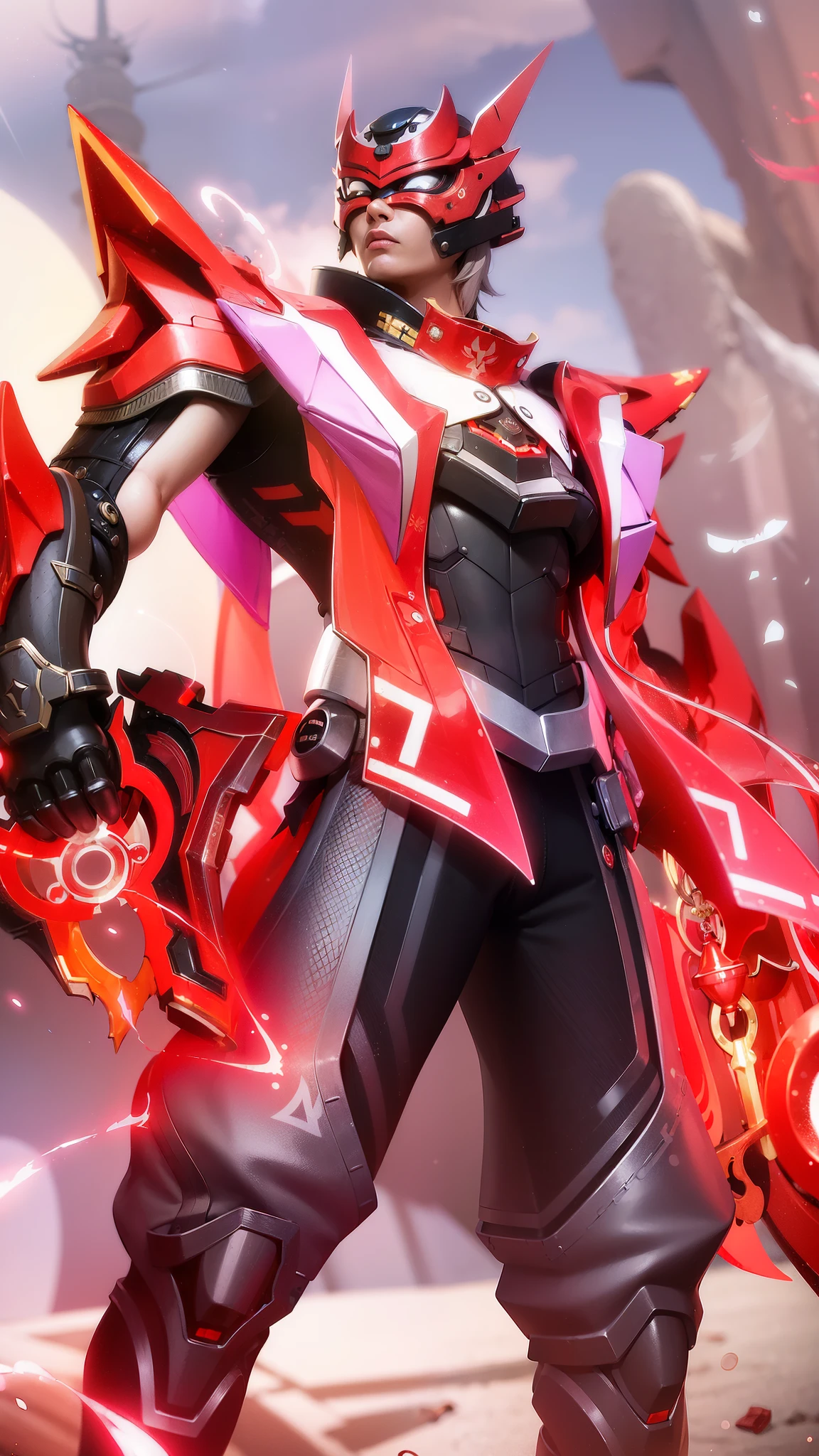 best quality, (semirealism:1.9), beautiful lighting, (extremely detailed CG unity 4k fhd wallpaper), High Detail, Sharp focus, dramatic outdoors, a close up of a person with a sword and a red and white outfit, heise jinyao, red aura, inspired by Huang Shen, red armor, crimson red aura, g liulian art style, keqing from genshin impact, official splash art, sharp silver armor fuchsia skin, ryuko matoi, onmyoji detailed art
