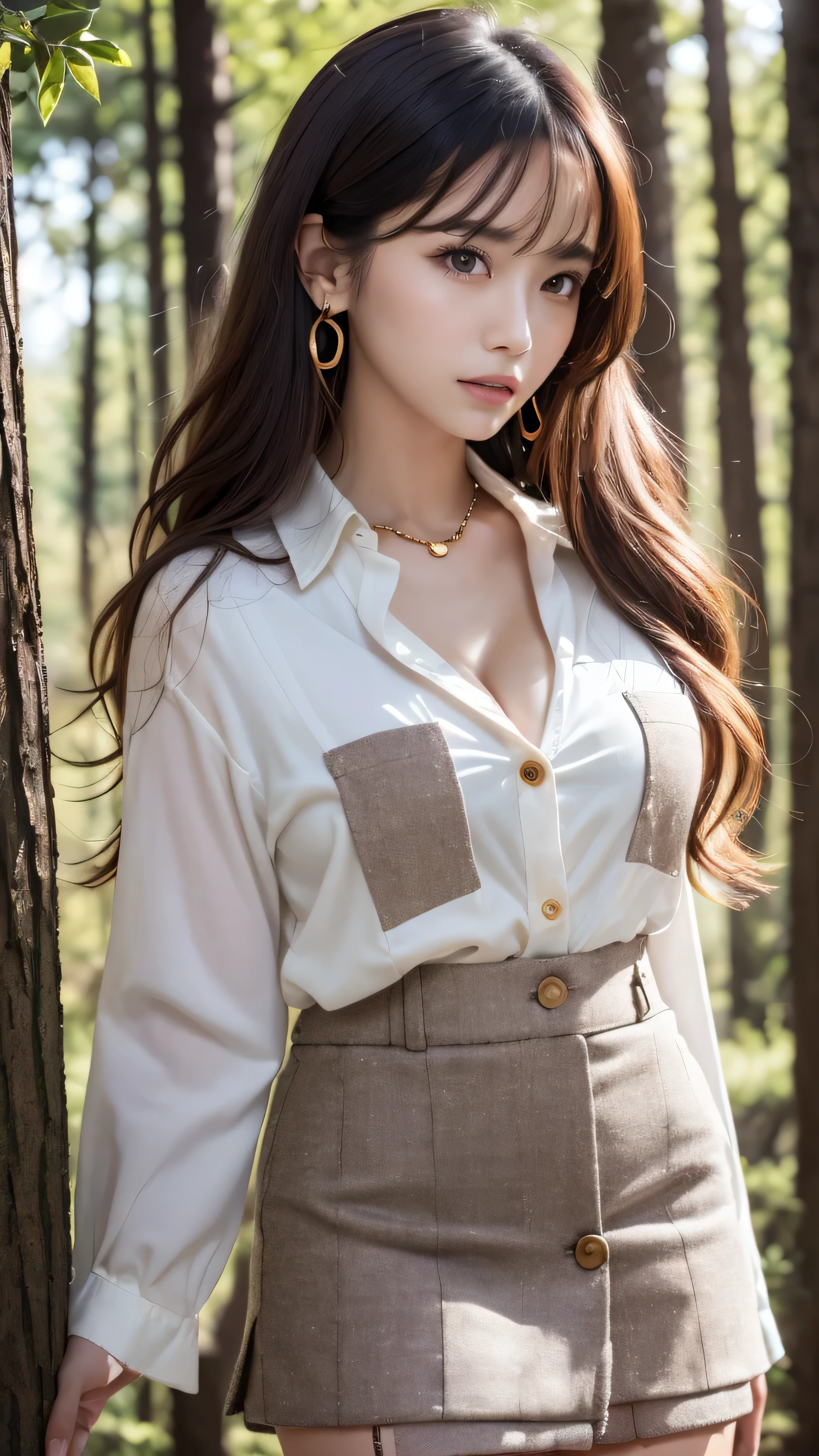 (8K, 超A high resolution,The ultra -The high-definition、Raw photo、 Best Quality, masutepiece:1.5)、RAW portrait of japanese girl、超A high resolution、top-quality、 (huge-breasted、stick out chest:1.3)、｛Hide all breasts｝(fitting room:1.2) BREAK (Natural Skin Texture、Detailed skin、Hyper-Realism、ultra sharpness)、intricate detailes、depth of fields、Sexy adult woman、((​masterpiece、top-quality、high-detail))、(Photorealsitic:1.4)、solo、big eye、Distinct double eyelids、Absolute area、Clean collarbone、face perfect、thin lips、a small face、(gazing at viewer、Highlights in the eyes、Light brown eyes、lipgloss)、(From the side:1.2),((Super long brown hair:1.2))、((Hair with loose waves inside:1.2)),((gold necklace＿Large earrings:1.2)),((No expression＿melancholy:1.3))、((in woods:1.4))((full figure supermodel standing, entire body in frame))、fullbody shot、((((white long sleeve button blouse_brown tweed miniskirt:1.3)),