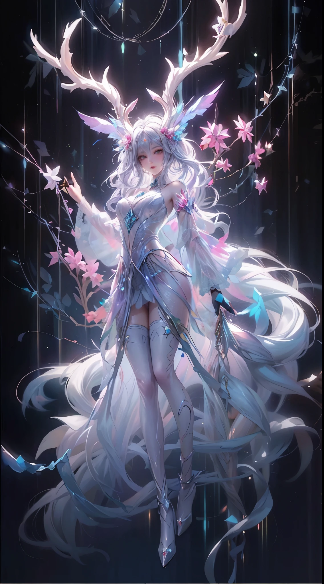 a woman with long white hair and a deer head standing in front of a dark background, digital art on pixiv, beautiful anime artwork, trending on artstation pixiv, ((a beautiful fantasy empress)), beautiful anime art, beautiful celestial mage, anime fantasy illustration, guweiz on pixiv artstation, beautiful full body concept art, ethereal anime, ethereal essence