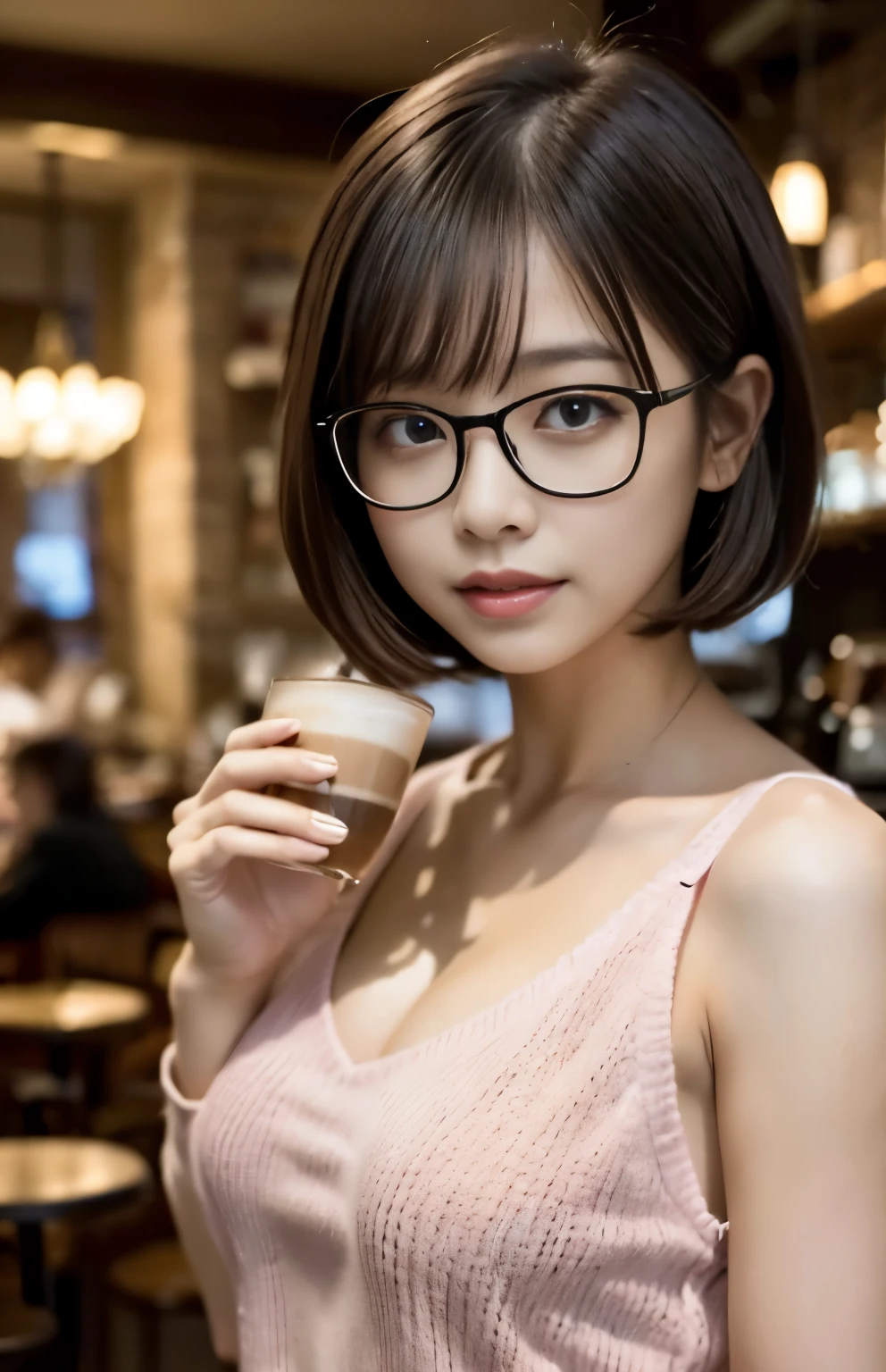 (((Cafe:1.3))), ((medium bob:1.3, Glasses:1.3, Glassesをした日本人女性, pink knit, cute)), (clean, natural makeup), (highest quality, masterpiece:1.3, 超High resolution), (Super detailed, caustics), (realistic:1.4, RAW shooting), very detailed, High resolution, 16K resolution
