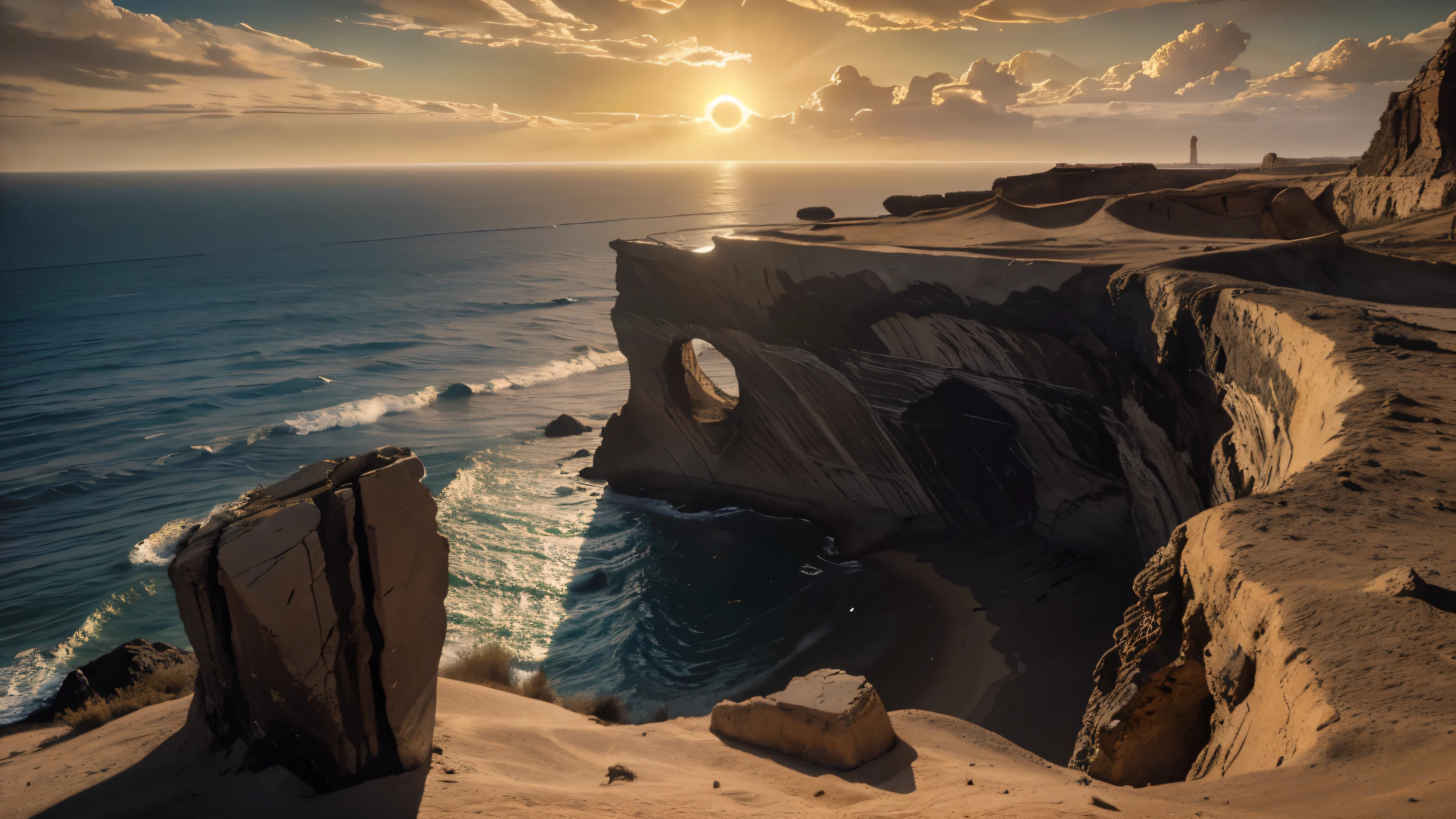 Cliffs tower ominously above the sun-kissed sand below., Its jagged edges stretched out., Shadows spread across the land.. The rocks are weathered and very old., but still retains a feeling of formidable strength. In this beautiful painting, The cliffs have intricate details., Every crack and crevice is highlighted with precision.. The colors are rich and vibrant., Attracts the audience to admire the beauty and splendor of the scene..