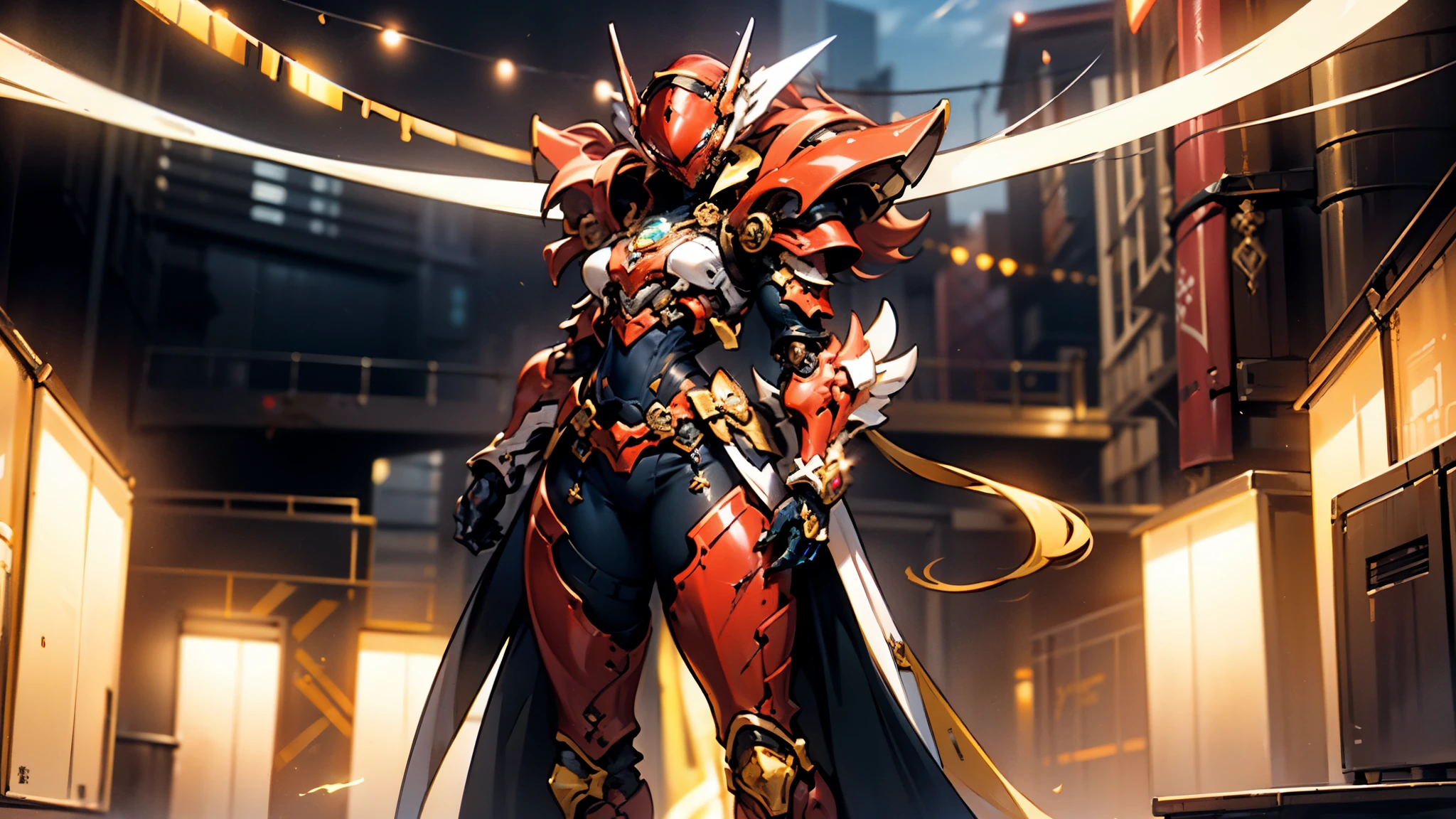 A woman adorned in fantasy-style full-body armor, a crown-concept fully enclosed helmet that unveils only her eyes, a composite layered chest plate, fully encompassing shoulder and hand guards, a lightweight waist armor, form-fitting shin guards, the overall design is heavy-duty yet flexible, ((the armor gleams with a golden glow, complemented by red and blue accents)), exhibiting a noble aura, she floats above a fantasy-surreal high-tech city, this character embodies a finely crafted fantasy-surreal style armored hero in anime style, exquisite and mature manga art style, (Queen bee mixed with Spider concept Armor, plasma, blood), ((Element, energy, elegant, goddess, femminine:1.5)), metallic, high definition, best quality, highres, ultra-detailed, ultra-fine painting, extremely delicate, professional, anatomically correct, symmetrical face, extremely detailed eyes and face, high quality eyes, creativity, RAW photo, UHD, 32k, Natural light, cinematic lighting, masterpiece-anatomy-perfect, masterpiece:1.5