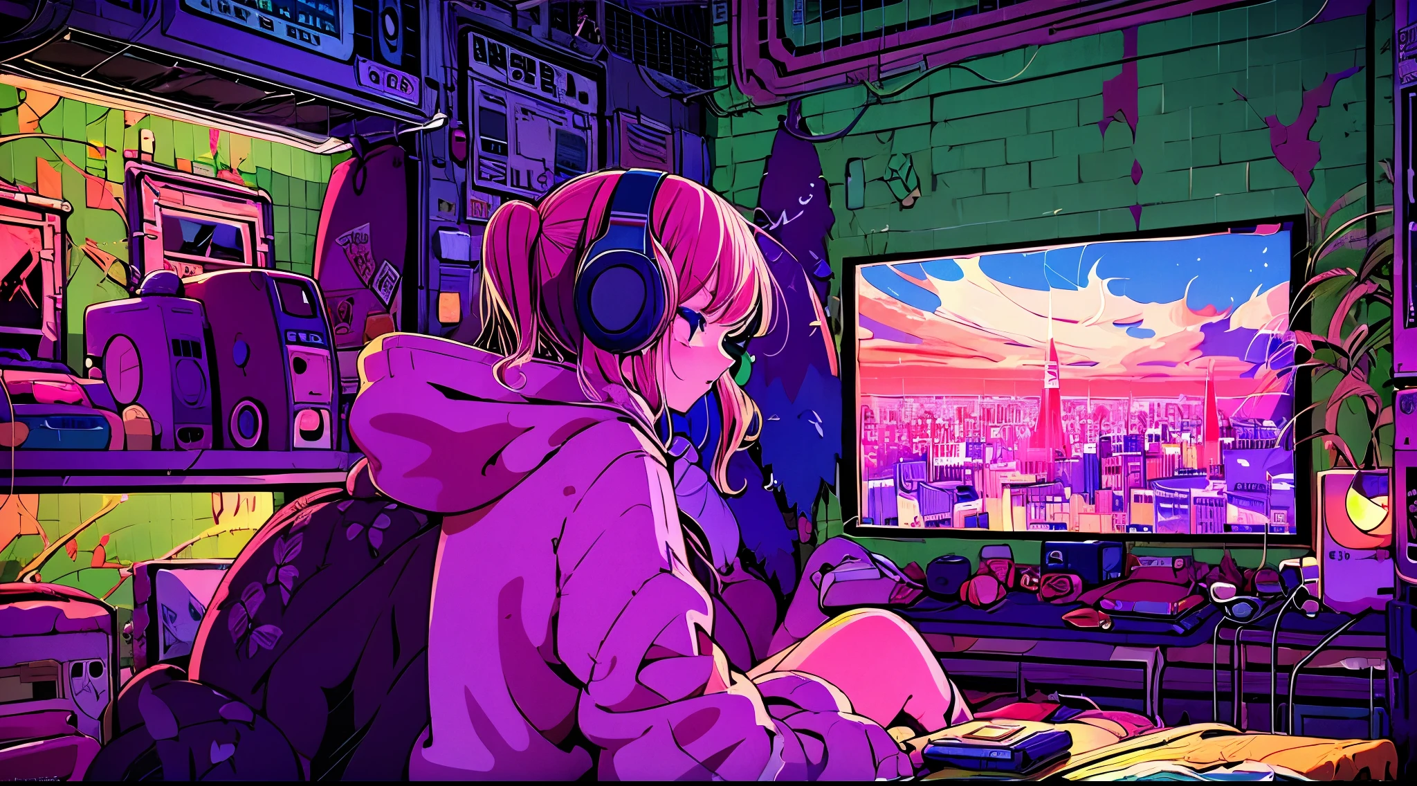 (from behind), Anime girl sitting in front of a computer in a cozy bedroom, girl listening to music in a cozy room (night), Using headphones, on the roof, (beautiful night views from windows), lots of things, 2D anime style, The aesthetics of anime in the 90s, lo-fi, very detailed, hard disk, A mix of anime style and Fujifilm, surreal, 8k, masterpiece