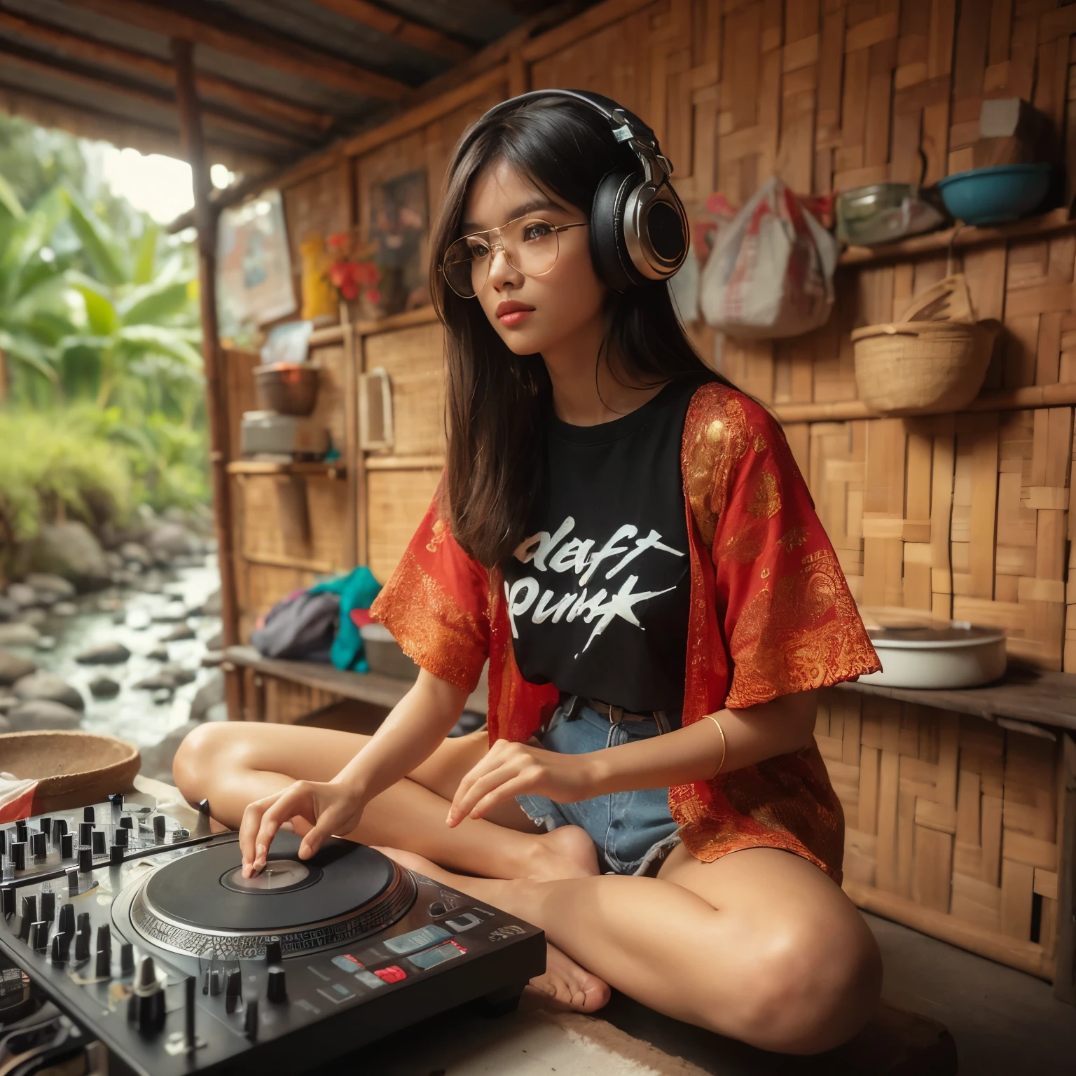 (Ultra-detailed eyes), ((very sharp photo result & detailed face)) (((textile shading))), (((Best Quality))), (((masterpiece))), (((Ultra-detailed CG))) ((striking a pose)) A pretty exotic 18-year-old Indonesian girl, detailed face wearing black t-shirt that written: D"AFT PUNK" and short batik sarong, is remixing music in front of a DJ turntable, wearing a headset, round clear glasses, barefoot sitting at the front door of his house, the house is made of bamboo, in front of the kitchen flows a small clear river, a natural clear rocky river. realistic photo. ((correct fingers & toe)) Photo taken with Fujifilm XF 56mm f/1.2 R Lens camera. HDR10 8K