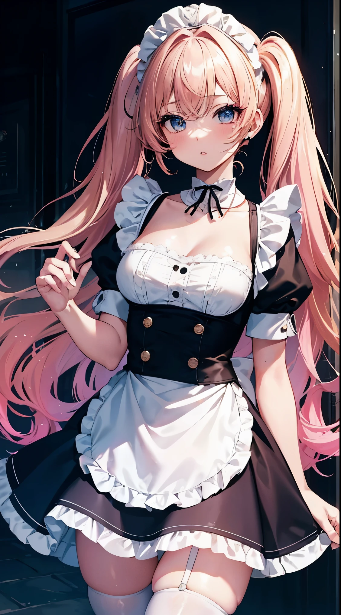 Masterpiece, Best quality, Realistic, 1人, cute female, Sexy and charming girl, 20-year-old girl, Very attractive looking girl, Extremely detailed face, ((dark gray eyes)), ((with pink hair)), [Slender eyebrows], Detective, International city,butterfly hair ornaments, (barechested:1.3), (White apron),, nedium breasts, thighs thighs thighs thighs, Cafe background, (Red blush:1.3), opening legs