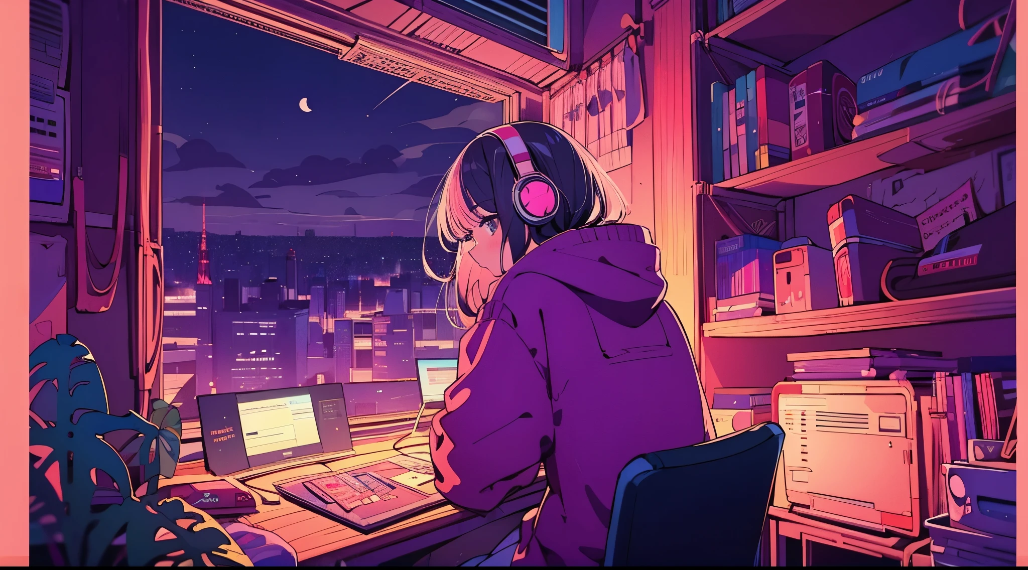 (from behind), Anime girl sitting in front of a computer in a cozy bedroom, Girl listening to music while studying in a cozy room (night), Using headphones, on the roof, (beautiful night views from windows), lots of things, 2D anime style, The aesthetics of anime in the 90s, lo-fi, very detailed, hard disk, A mix of anime style and Fujifilm, surreal, 8k, masterpiece