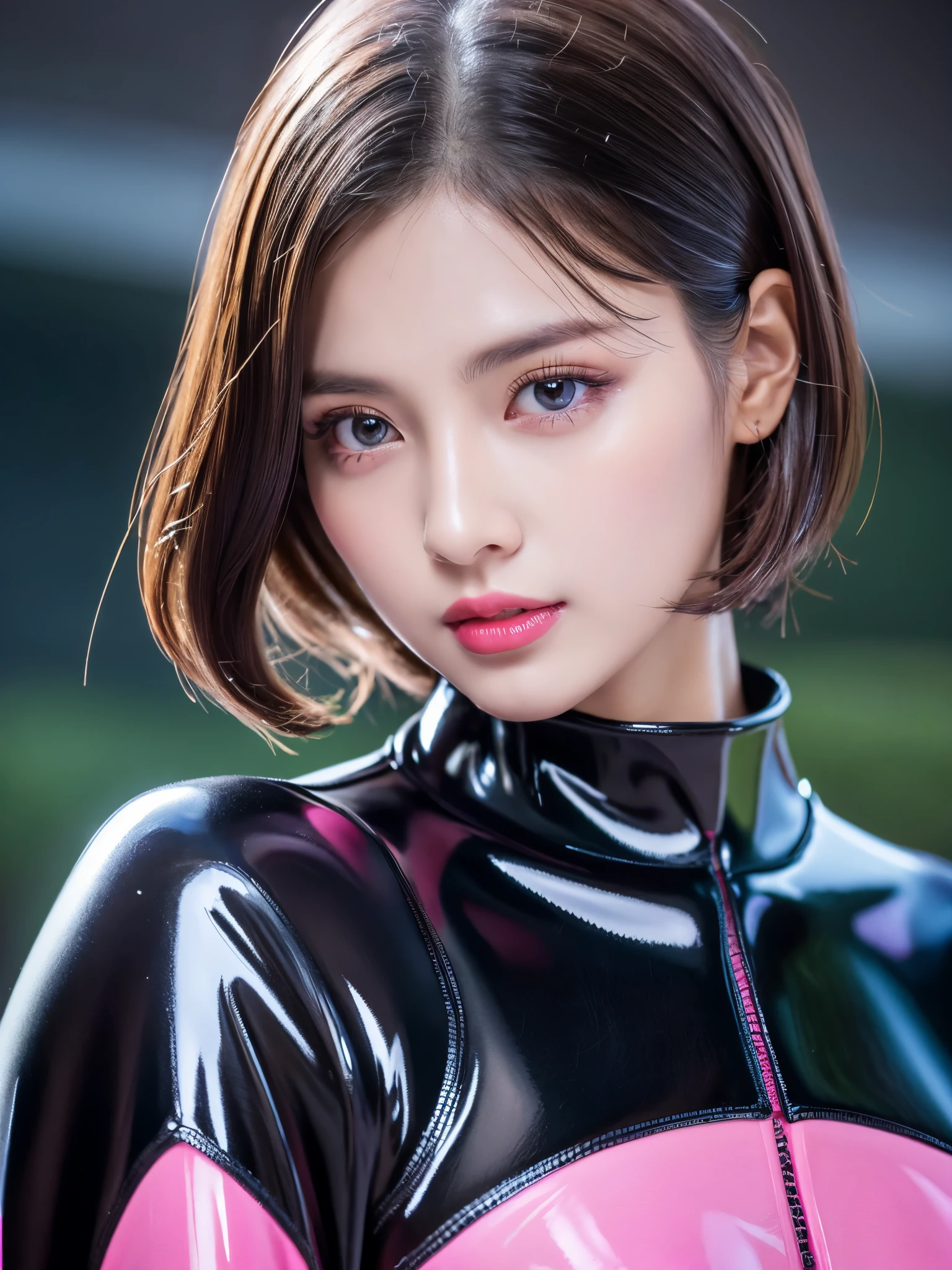 8k,超A high resolution,highest quality、masterpiece、Ultra - High resolution、(It looks real in the photo:1.4)、(1 girl)、long sleeve、(rubber black racing suit)、(mid short hair)、(wet hair)、super detailed human face、pink gloss lipstick