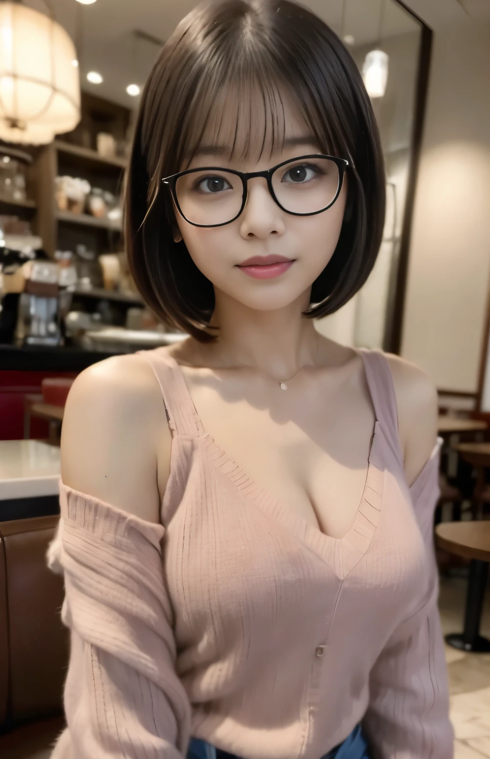 (((Cafe:1.3))), ((medium bob:1.3, Glasses:1.3, Glassesをした日本人女性, pink knit, cute)), (clean, natural makeup), (highest quality, masterpiece:1.3, 超High resolution), (Super detailed, caustics), (realistic:1.4, RAW shooting), very detailed, High resolution, 16K resolution