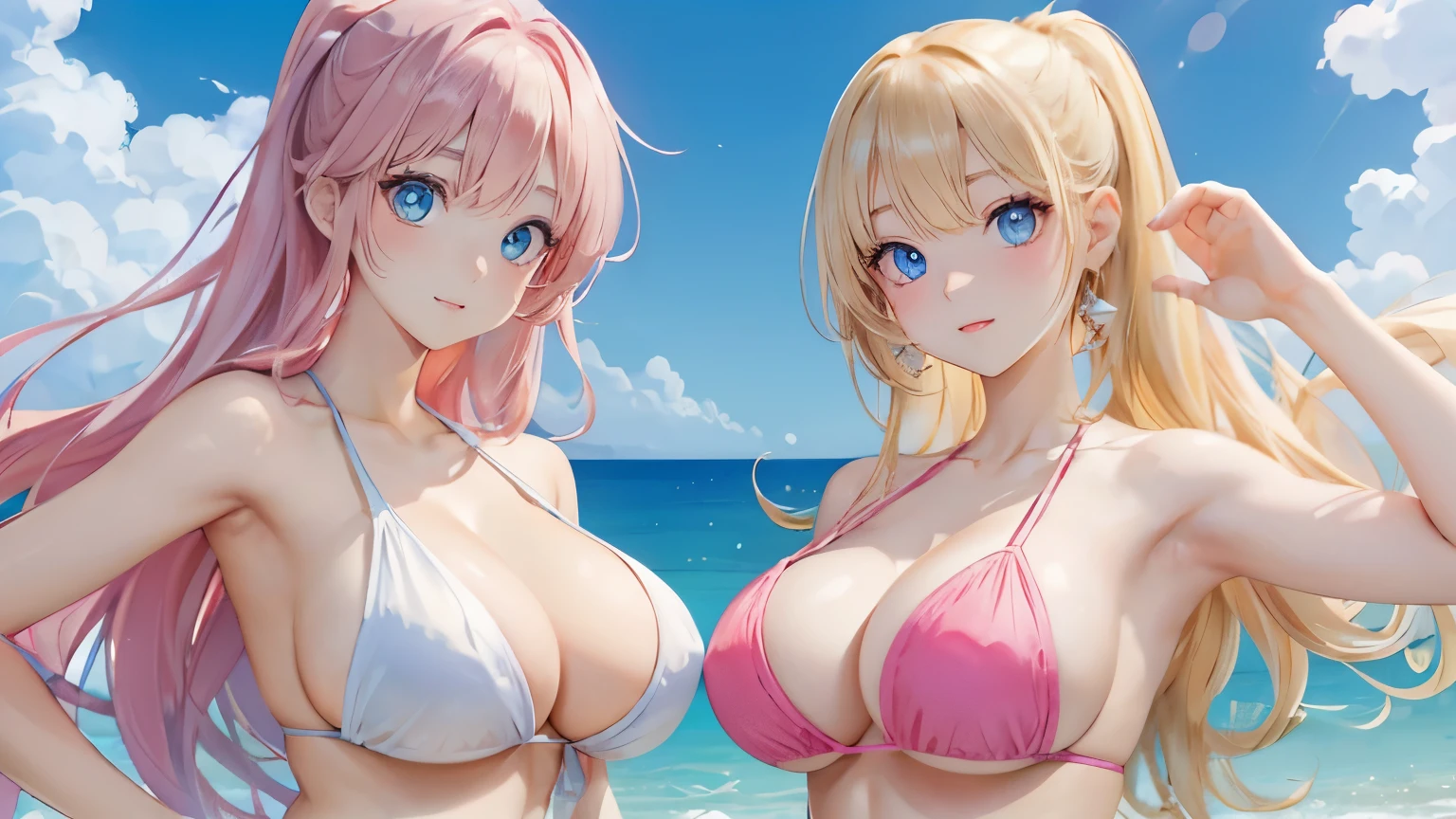 (masterpiece:1.2), (highest quality:1.2),, Curvy but slender body, perfect eyes, perfect face, perfect lighting, 2 girls, walk on the beach，（pink bikini），（ruffle bikini），（whole bodyショット），（ponytail），（smile），curly hair, fine clothes, detailed outdoor background, compensate, eye shadow, thick eyelashes, fantasy, looking at the viewer, whole body、blue sky、Bright and beautiful face、young shiny glossy white shiny skin、the best beauty、the most beautiful bright blonde hair in the world、thin hair、long hair、Shining beautiful bangs、big shining blue eyes、very beautiful and nice 18 years old, the most beautiful girl in the world、big breasts