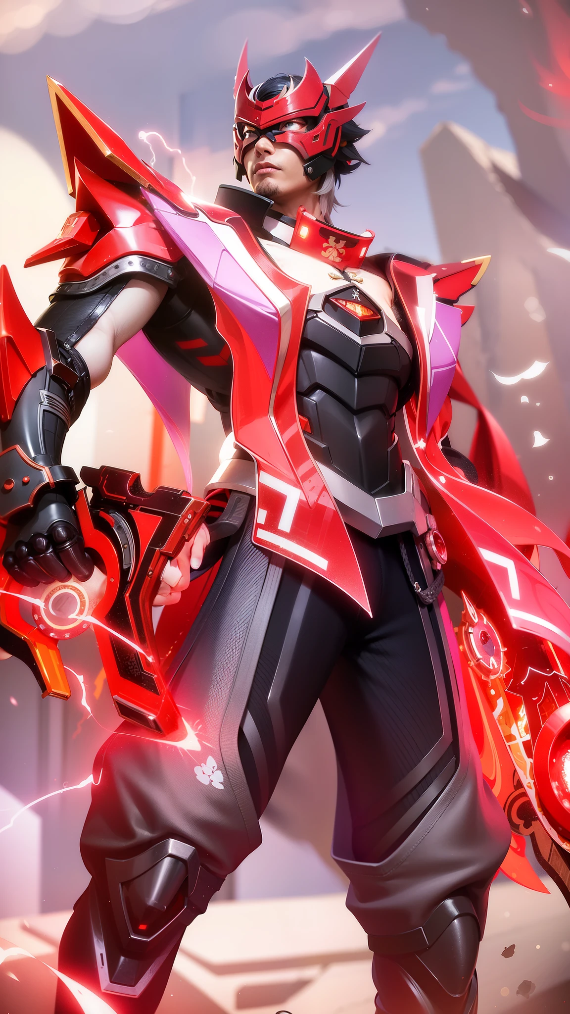 masculine male, best quality, (semirealism:1.9), beautiful lighting, (extremely detailed CG unity 4k fhd wallpaper), High Detail, Sharp focus, dramatic outdoors, a close up of a person with a sword and a red and white outfit, heise jinyao, red aura, inspired by Huang Shen, red armor, crimson red aura, g liulian art style, keqing from genshin impact, official splash art, sharp silver armor fuchsia skin, ryuko matoi, onmyoji detailed art, 30 years old.