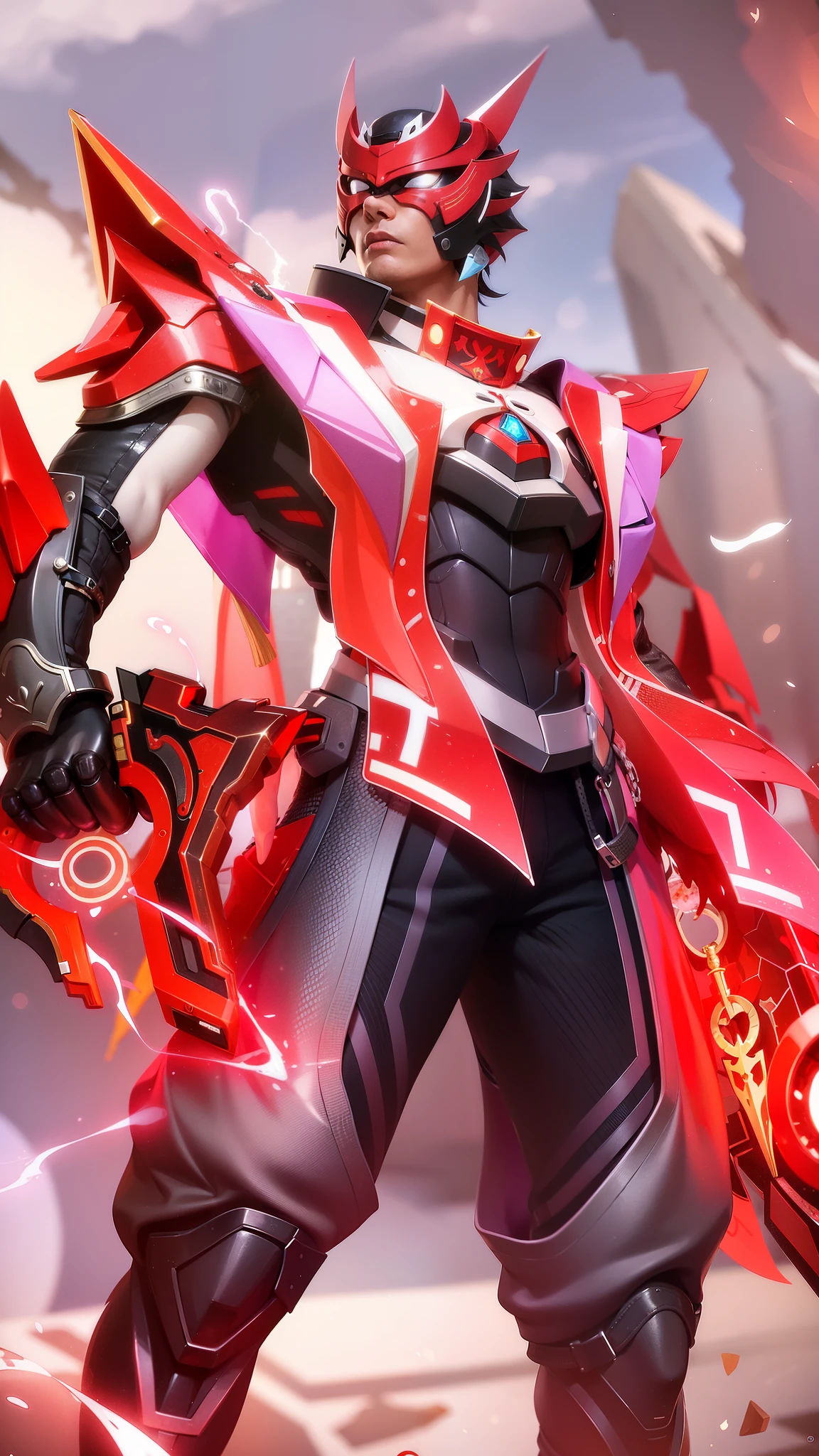 masculine male, best quality, (semirealism:1.9), beautiful lighting, (extremely detailed CG unity 4k fhd wallpaper), High Detail, Sharp focus, dramatic outdoors, a close up of a person with a sword and a red and white outfit, heise jinyao, red aura, inspired by Huang Shen, red armor, crimson red aura, g liulian art style, keqing from genshin impact, official splash art, sharp silver armor fuchsia skin, ryuko matoi, onmyoji detailed art, 30 years old.