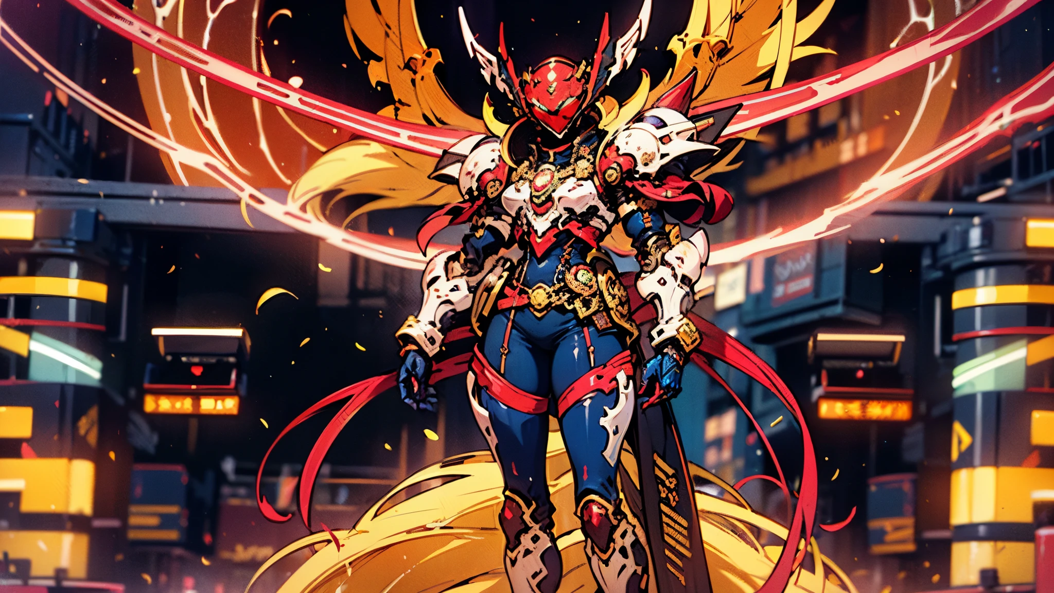 A woman adorned in fantasy-style full-body armor, a crown-concept fully enclosed helmet that unveils only her eyes, a composite layered chest plate, fully encompassing shoulder and hand guards, a lightweight waist armor, form-fitting shin guards, the overall design is heavy-duty yet flexible, ((the armor gleams with a golden glow, complemented by red and blue accents)), exhibiting a noble aura, she floats above a fantasy-surreal high-tech city, this character embodies a finely crafted fantasy-surreal style armored hero in anime style, exquisite and mature manga art style, (Queen bee mixed with Spider concept Armor, plasma, blood), ((Element, energy, elegant, goddess, femminine:1.5)), metallic, high definition, best quality, highres, ultra-detailed, ultra-fine painting, extremely delicate, professional, anatomically correct, symmetrical face, extremely detailed eyes and face, high quality eyes, creativity, RAW photo, UHD, 32k, Natural light, cinematic lighting, masterpiece-anatomy-perfect, masterpiece:1.5
