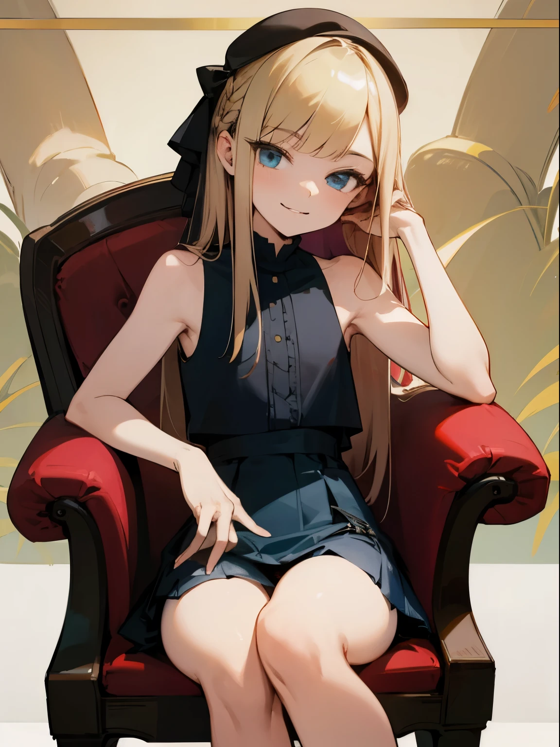 Reines, 1girl, high quality, best quality, illustration, masterpiece, (highly detailed:1.2), (extremely detailed:1.3), flat chest, sleeveless, young girl, mini skirt, braid, (children:1.2), slender thighs, , in a house, sitting on chair, smiling