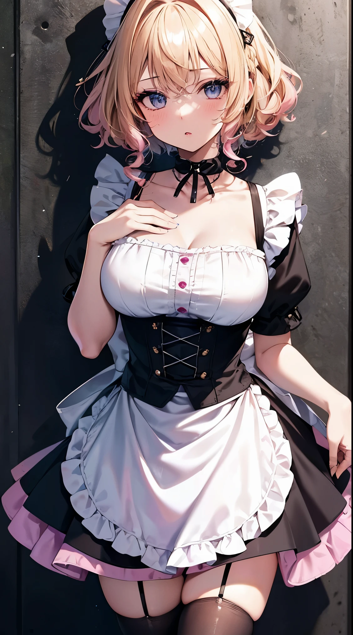 Highest Quality, ​masterpiece, beautifully detailed eyes, very curly Blonde Hair, Gradient Hair, pink highlights in hair, large breasts, standing, makeup, glossy lips, enamel maid dress, collarbone, small maid apron, short skirt, thigh highs, (city street), 