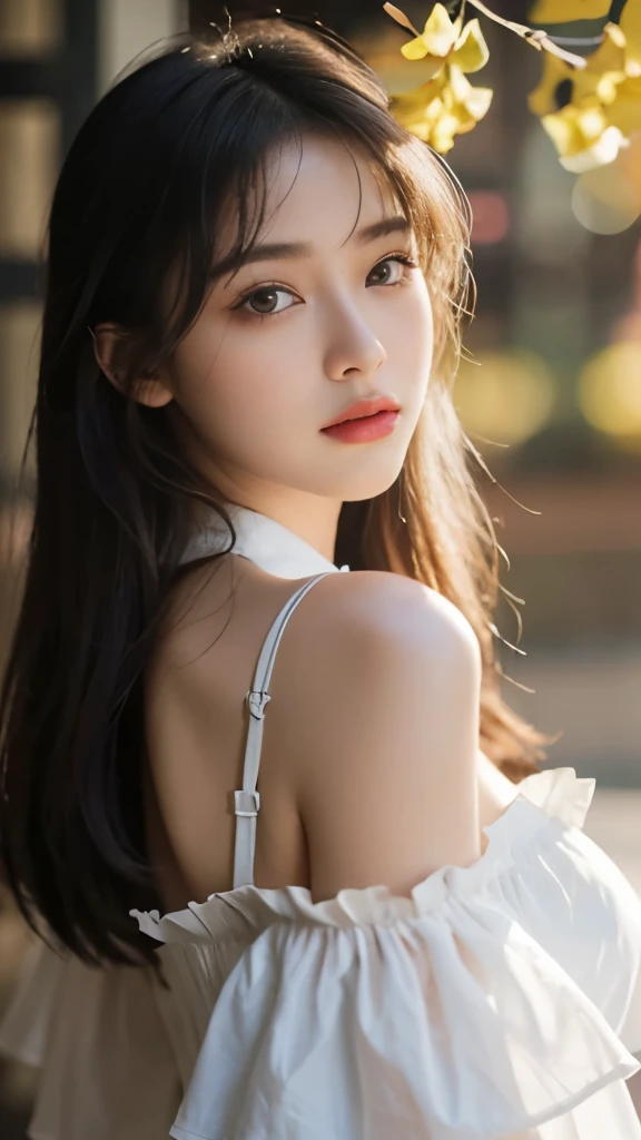 best quality，masterpiece，ultra high resolution，（realism：1.4），original photo，1 girl，take off shoulders，in the dark night，deep shadow，low pitch，cold light，long white hair，face highlight，pure，Full of girly feeling，18 years old，cheongsam，ginkgo