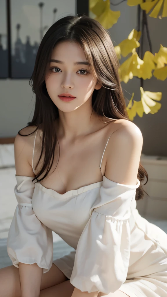 best quality，masterpiece，ultra high resolution，（realism：1.4），original photo，1 girl，take off shoulders，in the dark night，deep shadow，low pitch，cold light，long white hair，face highlight，pure，Full of girly feeling，18 years old，cheongsam，ginkgo