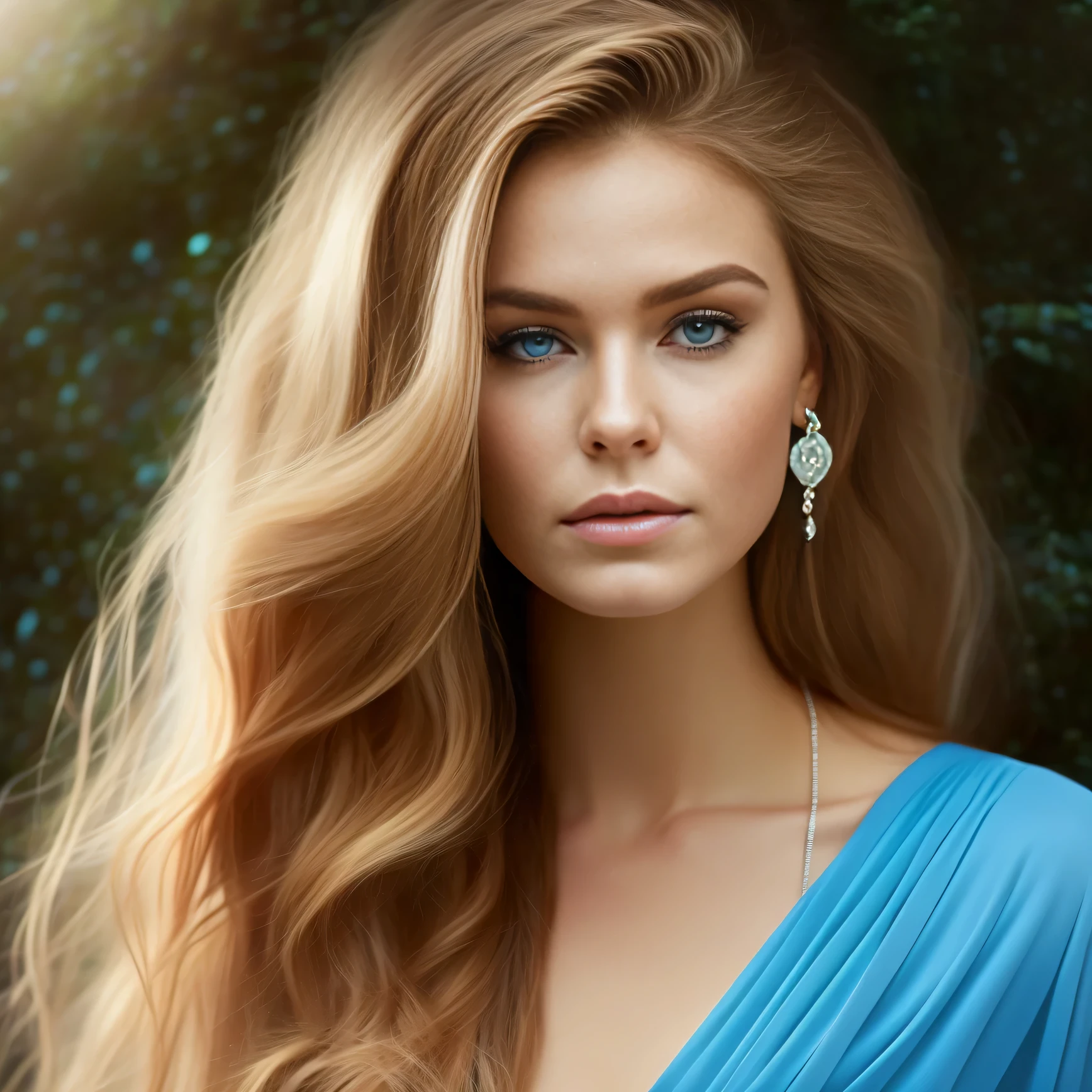 high weist image of  young blonde beautiful girl portrait that  resilience, and beauty. Feyre's portrait should frame her face, allowing her captivating features to take center stage. Start with her  blue eyes, the windows to her soul. They are vibrant and expressive, reflecting a depth of emotions accumulated through her journey.  Her strong jawline and high cheekbones reveal her determination and resilience, while her soft, full lips convey her capacity for love and compassion. Her long blonde, flowing hair should cascade around her shoulders, in light blue shimmery (fantasy dress)(star in background in night) standing on mountain