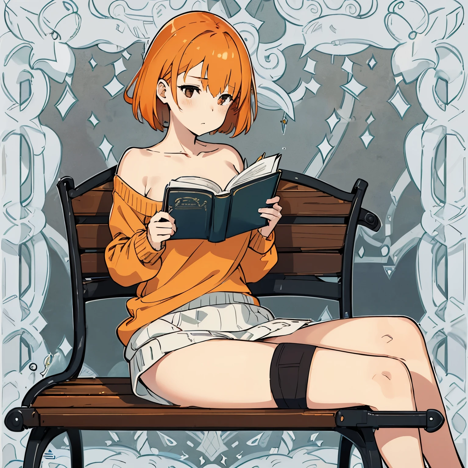 A girl with faded orange hair in a strapless sweater shirt, with some of the upper part of her breasts exposed, she is sitting on a bench reading a book