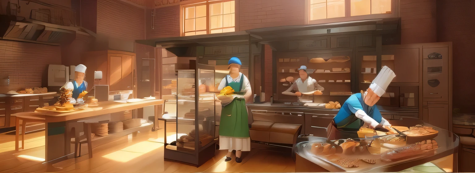 There are many people preparing food together in the kitchen, fantasy bakery interior setting, bakery, Fresh bakery in the background, photo, fantasy bakery, Inspired by Norman Rockwell, Promotional renderings, photo渲染, inspired by Normand Baker, Sharing photo, Final rendering, by Ni Yuanlu, propaganda art, By Fei Danxu, norman rockwell style, animation stills