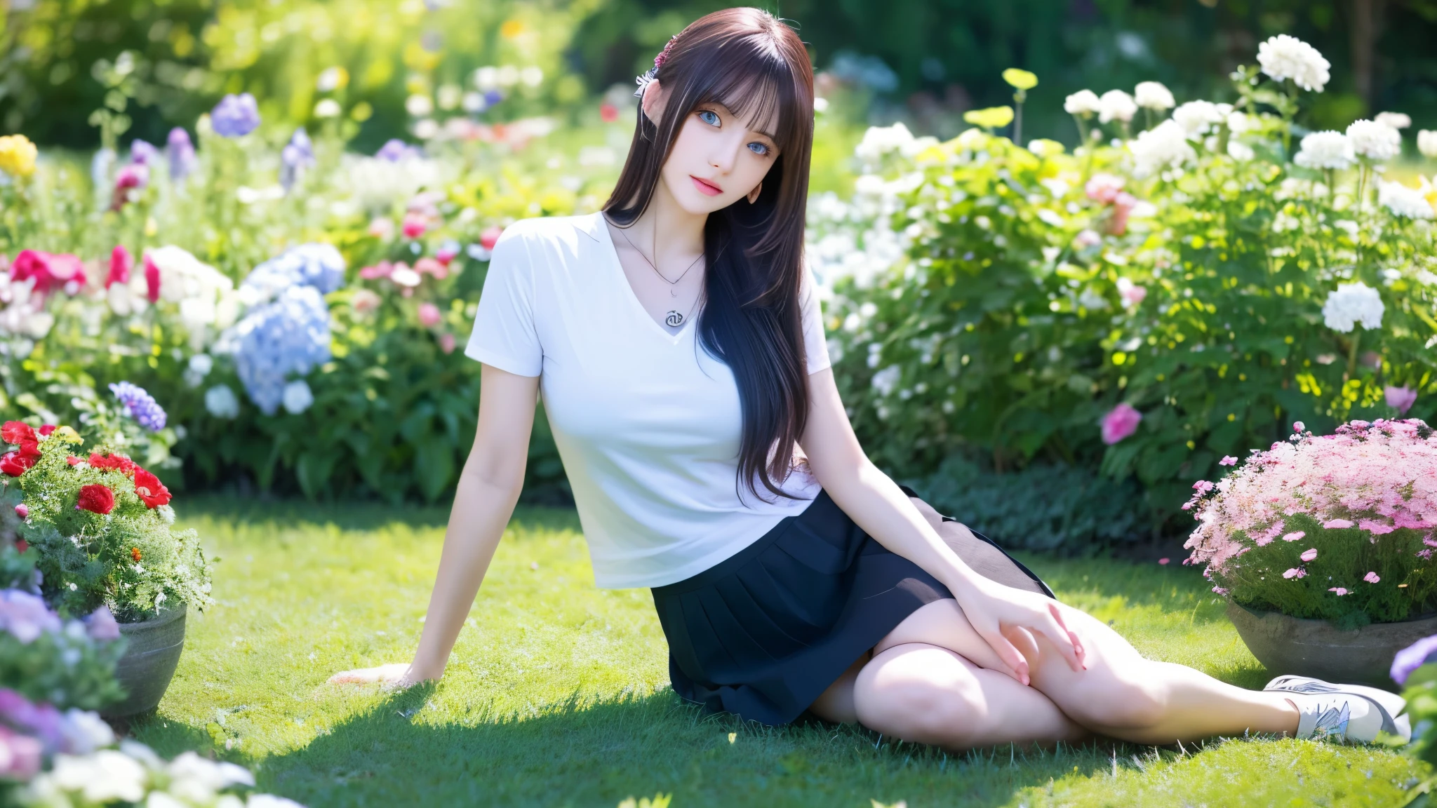 HDR,Detail ,Kagura mobile legends, long white hair, blue eyes, wearing a necklace, looking at viewer, Soft white t-shirt, black short skirt, sitting in the flower garden