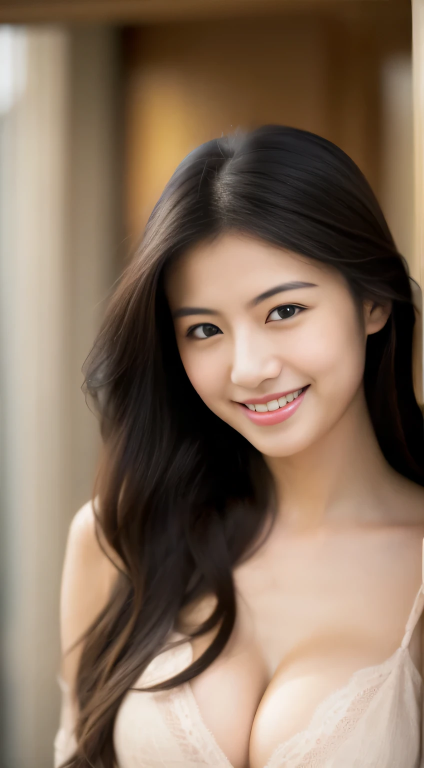 Japanese ),((beautiful girl)),cleavage,An expression that imagines something pleasant:1.2,(perfect body beauty:1.2),((perfect body)),(shy smile),beautiful teeth,