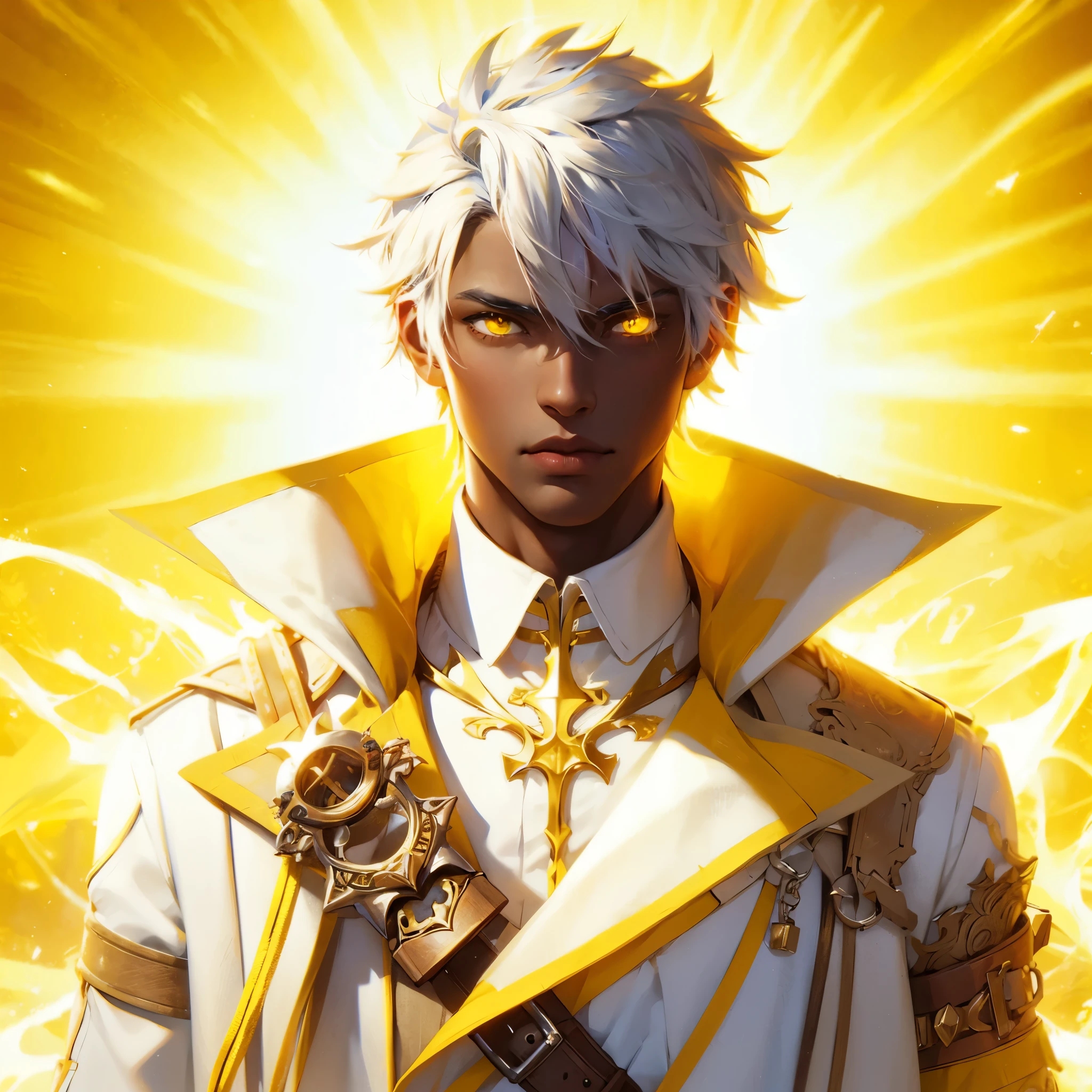 a fantasy novel anime style of a character portrait. he is 19 years old. He is African-American. He is handsome. He has unkempt white hair. He is powerful. Handsome face. he has yellow glowing eyes. He is wearing a yellow and white medieval masculine fantasy mage style coat. With white coat. He is strong. Yellow light powers powers. Pose. Length picture.Cool portrait pose. Full far Length portrait. Yellow light powers in yellow sun dystopian background. Dark tragic theme.
