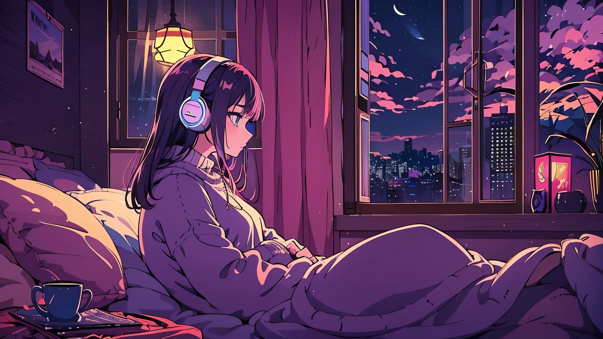 A detailed anime girl, wearing a large sweater, wearing headband headphones, lofi, tranquil, quiet vibes, chilling, in her bedroom looking at the window, night, quiet night, masterpiece, best quality, study