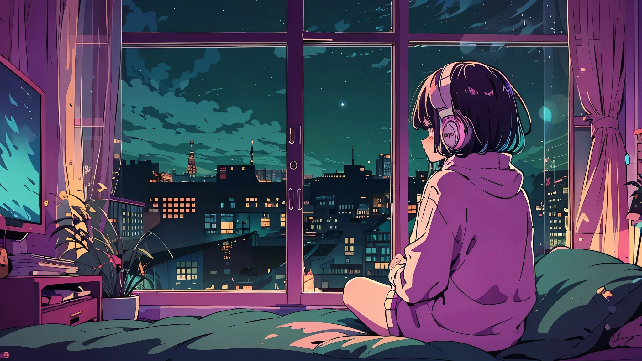 A detailed anime girl, wearing a large sweater, wearing headband headphones, lofi, tranquil, quiet vibes, chilling, in her bedroom looking at the window, night, quiet night, masterpiece, best quality