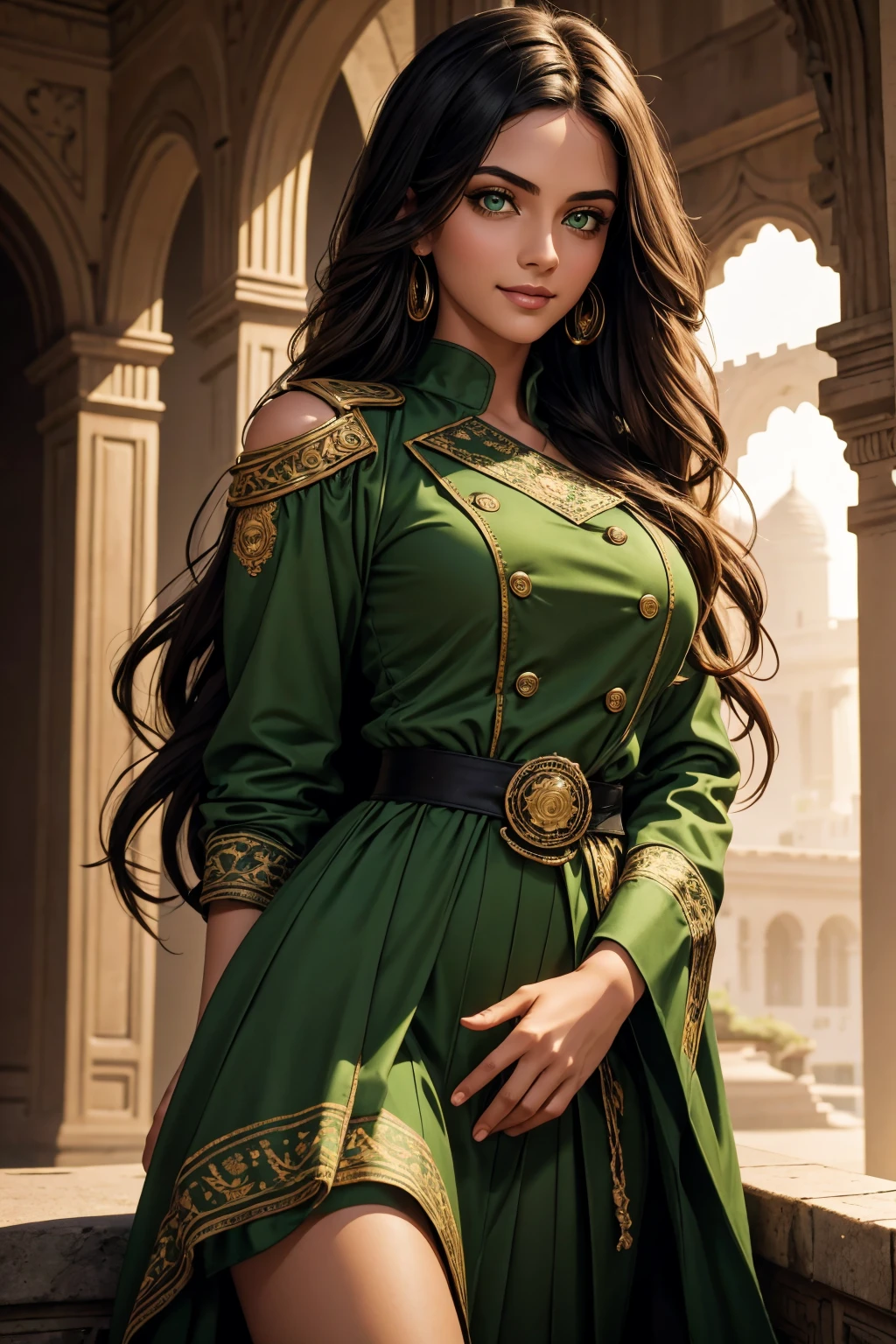 A stunning Indian beauty, with bright green eyes, with dark brown-black long wavy long hair, with mesmerizing feature with a Hopeful smiling expression, finely detailed eyes, happy mood masterpiece, top quality, best quality, official art, beautiful and aesthetic:1.2), (1girl), extreme detailed,(fractal art:1.3), colorful, highest detailed, (masterpiece, best quality:1.3) 1 bright-green-eyed woman, professional digital painting, Unreal Engine 5. Wearing a black-double-breasted-military-trench coat with a black-star embroidered on the shoulder. Wearing a blue linen blouse. Wearing brown linen pleated knee length skirt.
