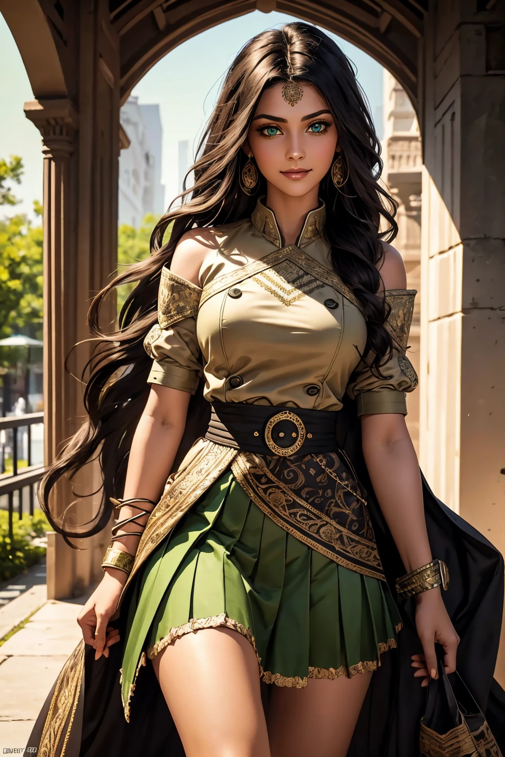 A stunning Indian beauty, with bright green eyes, with dark brown-black long wavy long hair, with mesmerizing feature with a Hopeful smiling expression, finely detailed eyes, happy mood masterpiece, top quality, best quality, official art, beautiful and aesthetic:1.2), (1girl), extreme detailed,(fractal art:1.3), colorful, highest detailed, (masterpiece, best quality:1.3) 1 bright-green-eyed woman, professional digital painting, Unreal Engine 5. Wearing a black-double-breasted-military-trench coat with a black-star embroidered on the shoulder. Wearing a blue linen blouse. Wearing brown linen pleated knee length skirt.
