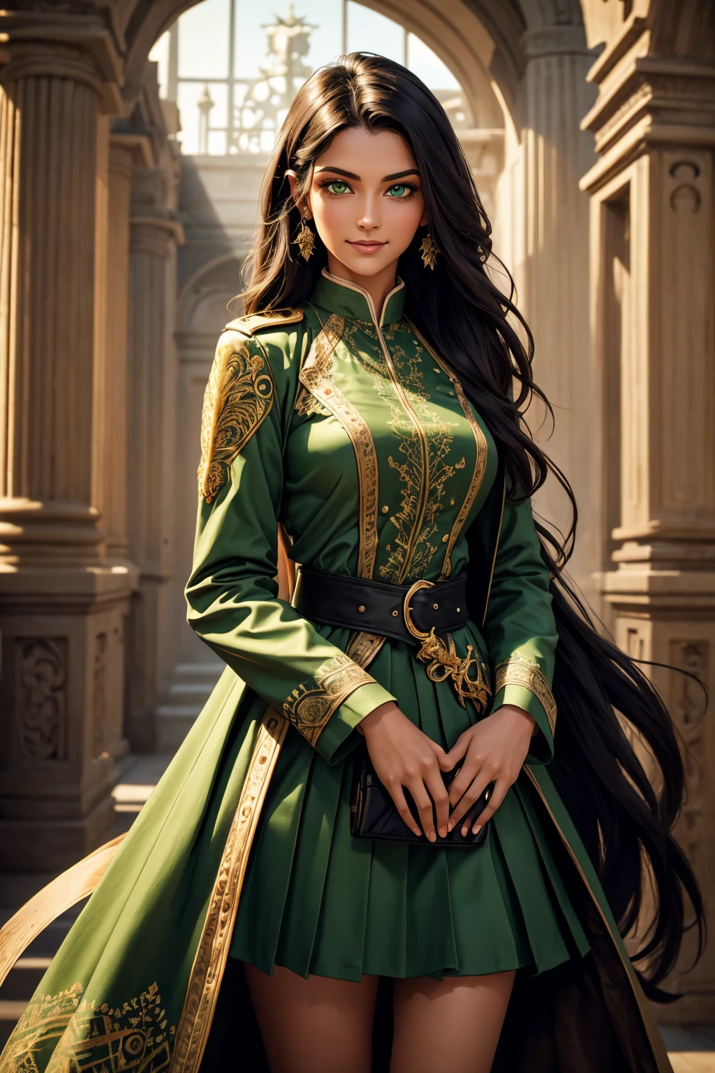 A stunning Indian beauty, with bright green eyes, with dark brown-black long wavy long hair, with mesmerizing feature with a Hopeful smiling expression, finely detailed eyes, happy mood masterpiece, top quality, best quality, official art, beautiful and aesthetic:1.2), (1girl), extreme detailed,(fractal art:1.3), colorful, highest detailed, (masterpiece, best quality:1.3) 1 bright-green-eyed woman, professional digital painting, Unreal Engine 5. Wearing a black-double-breasted-military-trench coat with a black-star embroidered on the shoulder. Wearing a blue linen blouse. Wearing brown linen pleated knee length skirt.

