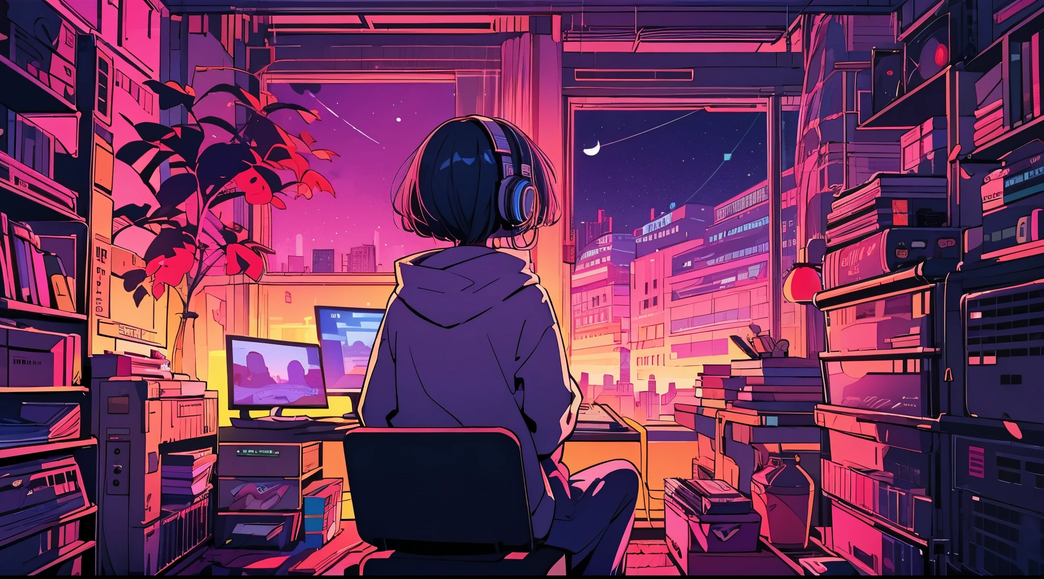 (from behind), Anime girl sitting in front of a computer in a cozy bedroom, Girl listening to music while playing a game in a cozy room （evening, Using headphones, on the roof, (beautiful night views from windows), lots of things, 2D anime style, The aesthetics of anime in the 90s, lo-fi, very detailed, hard disk, A mix of anime style and Fujifilm, surreal, 8k, masterpiece