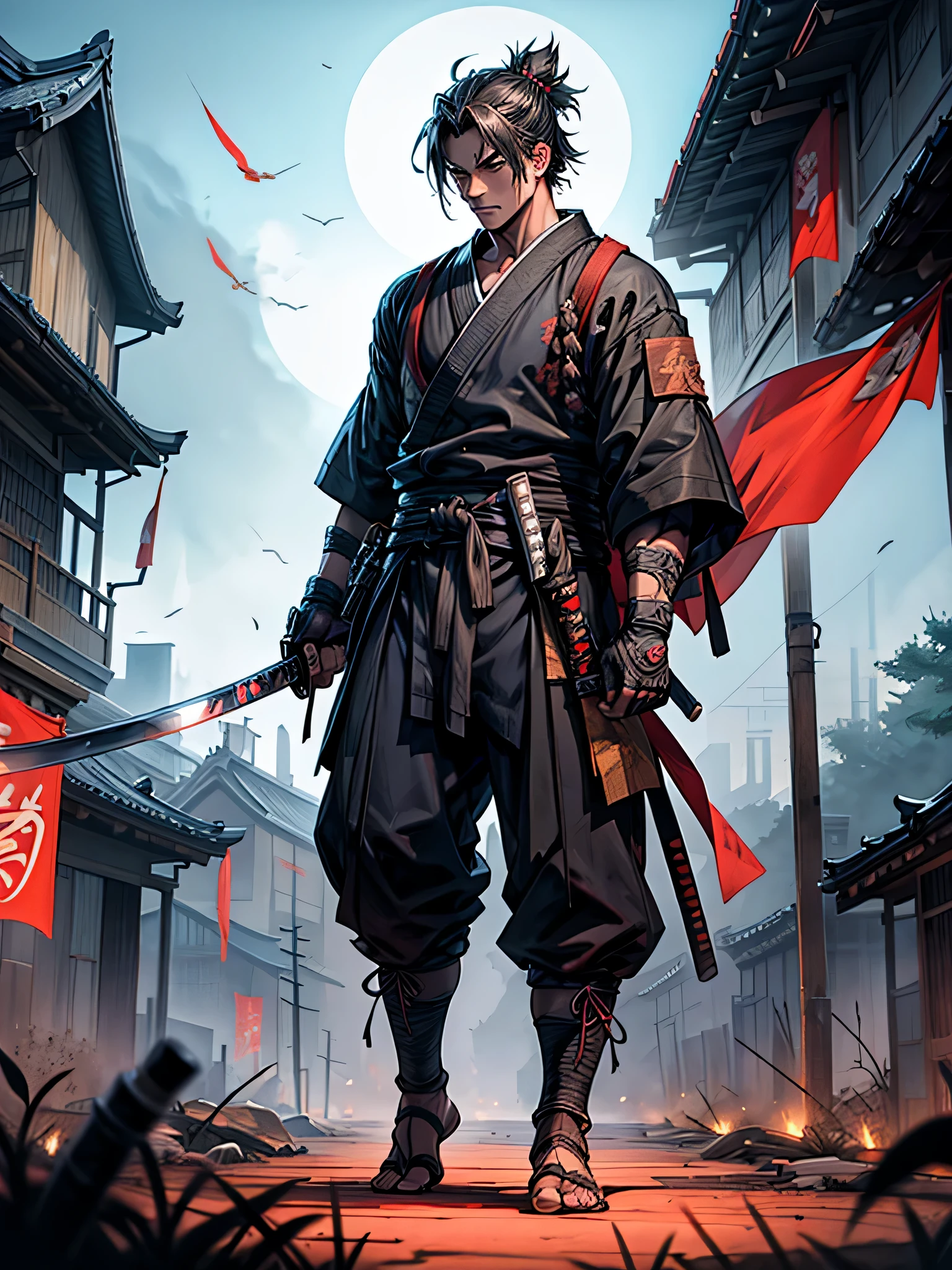 ronin, holding katana, ruined dojo background, clan banner, night environment,